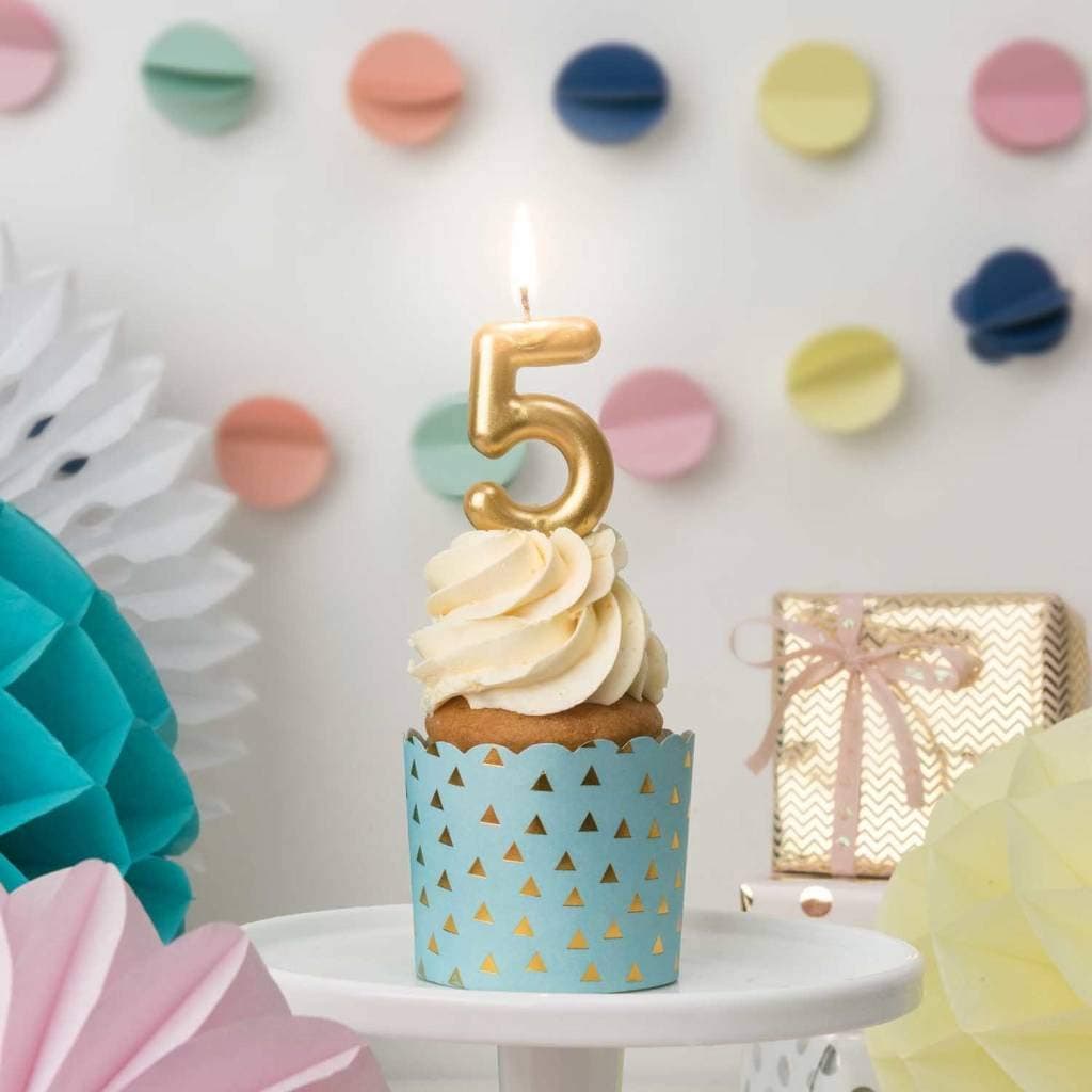 Balloonistics Gold Number 5 Candle on Stick – Elegant Metallic Gold Numeral Stick Candle for 5th Birthday, Golden Fifty & Custom Age Cake Decoration thumbnail 2