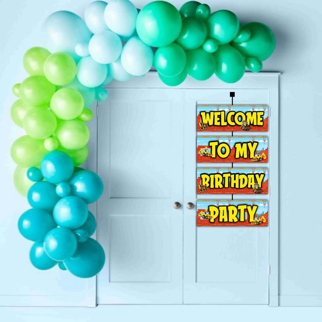 Balloonistics Little JCB Theme Birthday Welcome Board - 2.3 Ft Large Construction Zone Door Sign - Premium Cardstock Yellow Digger & Excavator Party Backdrop with Ribbons for Indoor and Outdoor Use (Welcome Outdoor Board) thumbnail 3