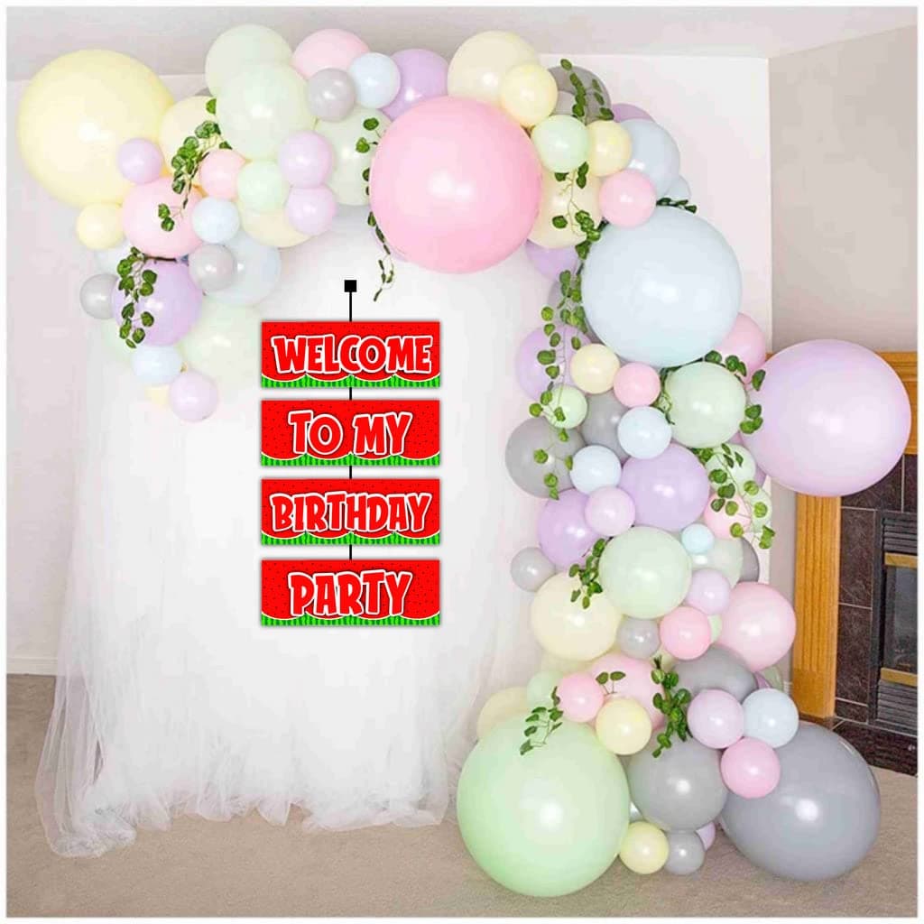 Balloonistics Watermelon Theme Welcome To My Birthday Party Sign – 2.3 Feet Vertical Hanging Door Banner – Single-Sided Cardstock Wall Decor with Ribbons for Summer Picnic & One in a Melon Birthdays thumbnail 4