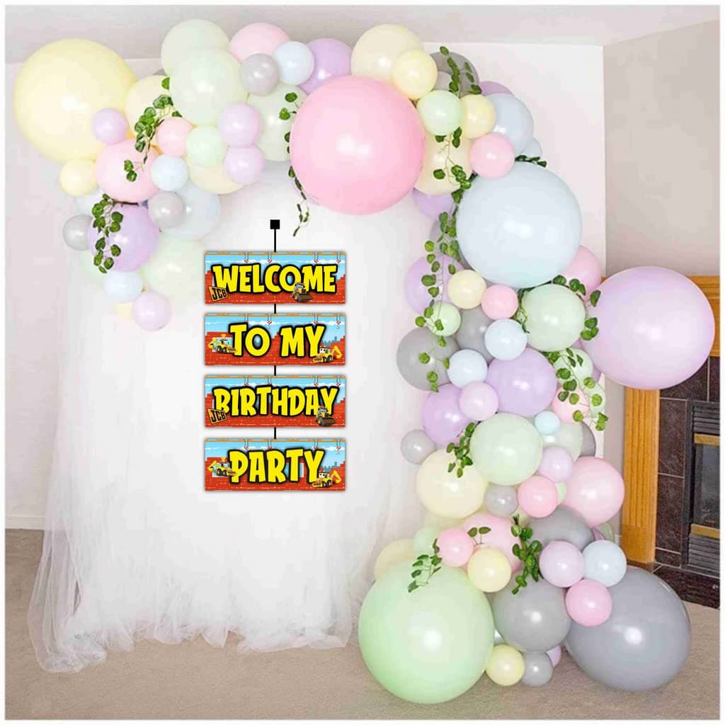 Balloonistics Little JCB Theme Birthday Welcome Board - 2.3 Ft Large Construction Zone Door Sign - Premium Cardstock Yellow Digger & Excavator Party Backdrop with Ribbons for Indoor and Outdoor Use (Welcome Outdoor Board) thumbnail 4
