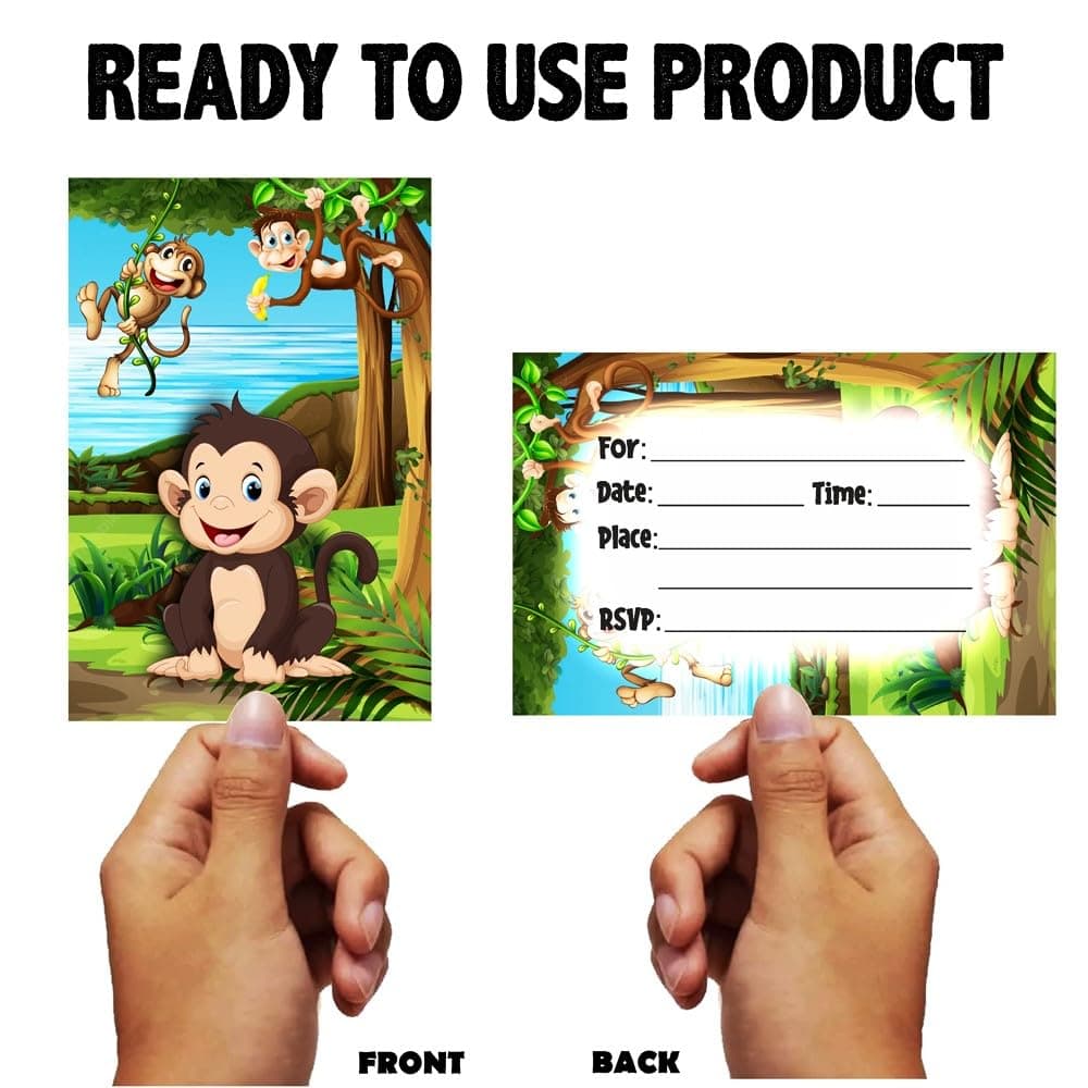 Balloonistics Monkey Theme Birthday Invitation Cards - Pack of 10 Double-Sided Jungle Safari Invites with Envelopes - Premium Cardstock Stationery, Cute Animal Party Supplies for Boys & Girls (Invite Cards - Pack of 10) thumbnail 4