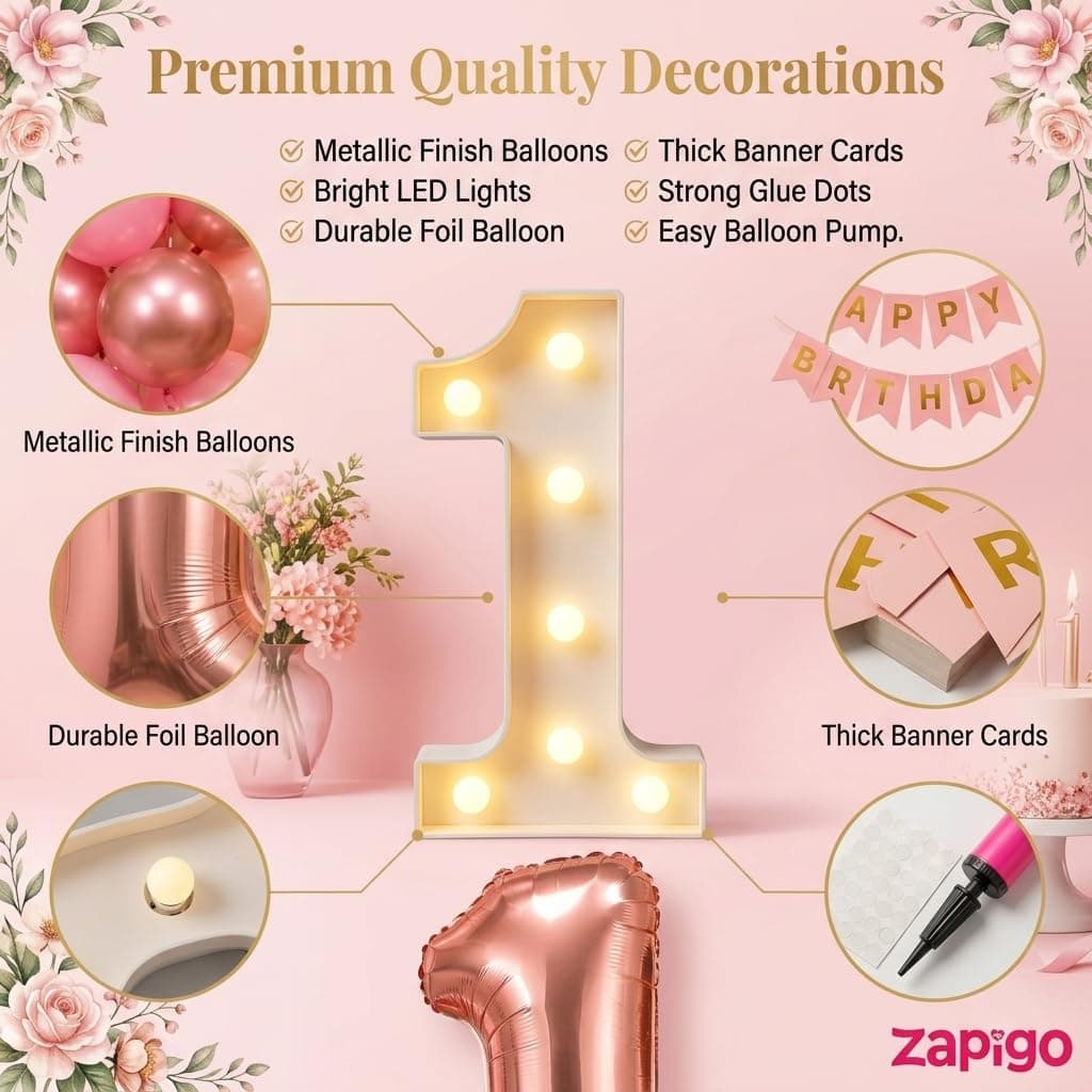 Balloonistics 10th Birthday Decoration Combo Kit - 40 Inch Rose Gold Foil Number Balloon, LED Marquee Light, 50 Rose Gold & Pink Balloons, Happy Birthday Banner, Balloon Pump & Glue Dots thumbnail 6