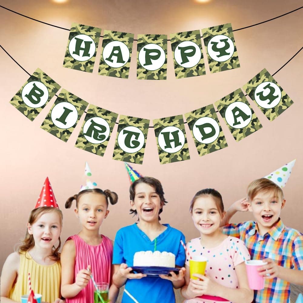 Balloonistics Camo Military Theme Happy Birthday Banner – Army Soldier Combat Bunting – Premium Cardstock Party Decorations for Military & Camouflage Themed Birthdays thumbnail 3