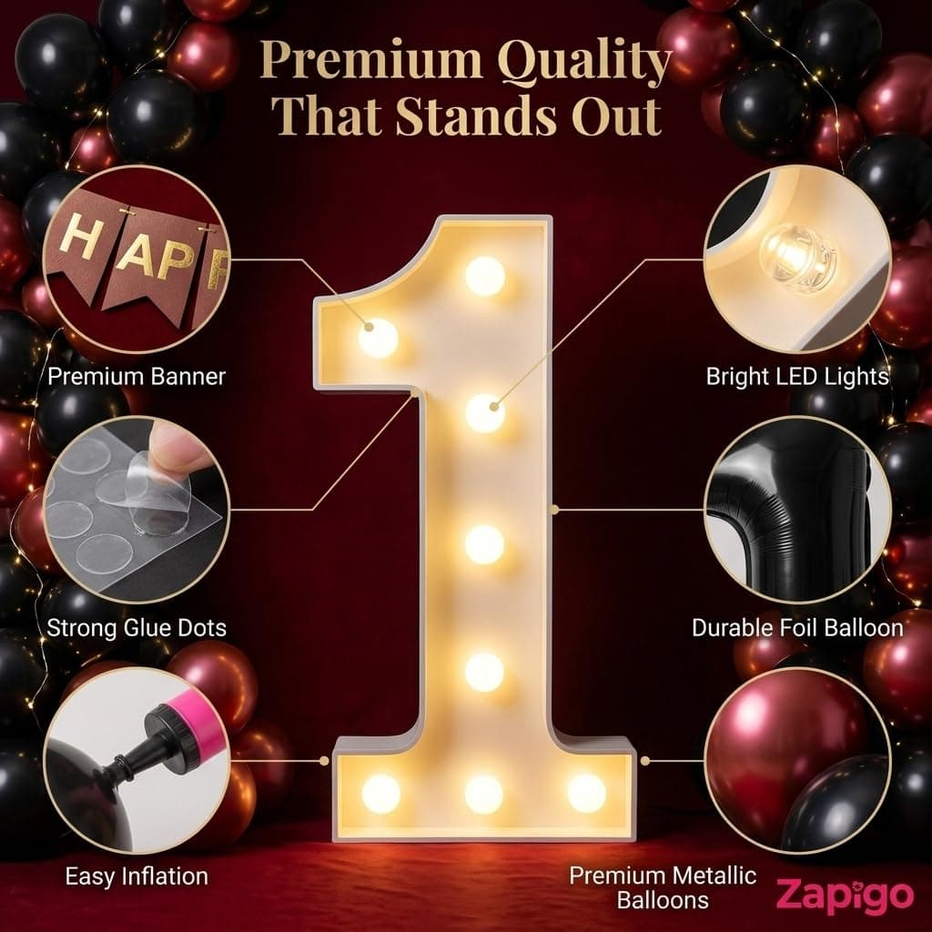 Balloonistics 12th Birthday Decoration Combo Kit - 40 Inch Black Foil Number Balloon, LED Marquee Light, 50 Black & Red Balloons, Happy Birthday Banner, Balloon Pump & Glue Dots thumbnail 6