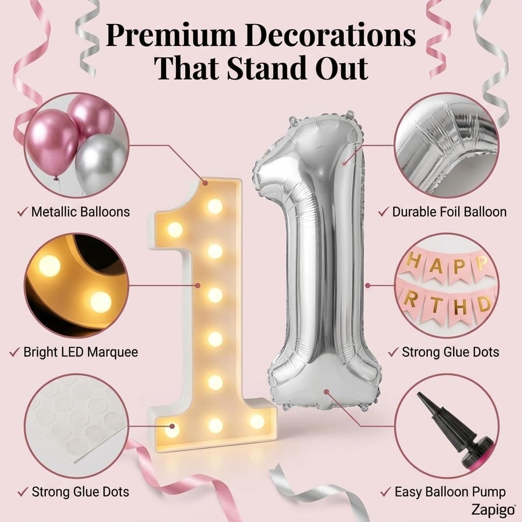 Balloonistics 9th Birthday Decoration Combo Kit - 40 Inch Silver Foil Number Balloon, LED Marquee Light, 50 Silver & Pink Balloons, Happy Birthday Banner, Balloon Pump & Glue Dots thumbnail 5