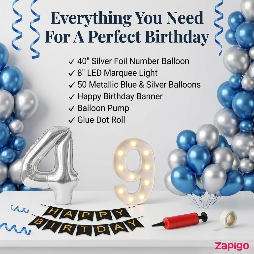 Balloonistics 30th Birthday Decoration Combo Kit - 40 Inch Silver Foil Number Balloon, LED Marquee Light, 50 Silver & Blue Balloons, Happy Birthday Banner, Balloon Pump & Glue Dots thumbnail 2