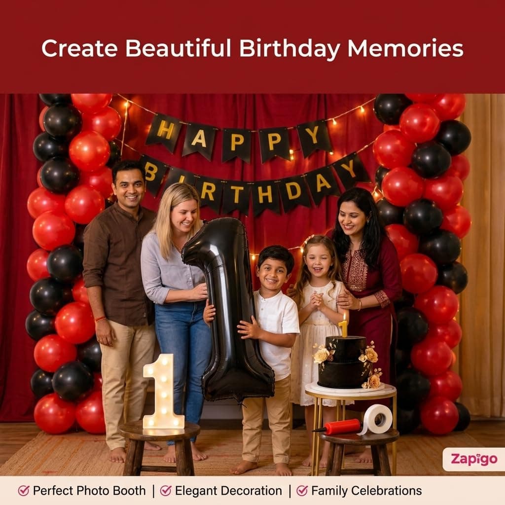 Balloonistics 12th Birthday Decoration Combo Kit - 40 Inch Black Foil Number Balloon, LED Marquee Light, 50 Black & Red Balloons, Happy Birthday Banner, Balloon Pump & Glue Dots thumbnail 7