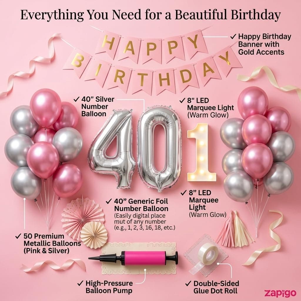 Balloonistics 10th Birthday Decoration Combo Kit - 40 Inch Silver Foil Number Balloon, LED Marquee Light, 50 Silver & Pink Balloons, Happy Birthday Banner, Balloon Pump & Glue Dots thumbnail 2