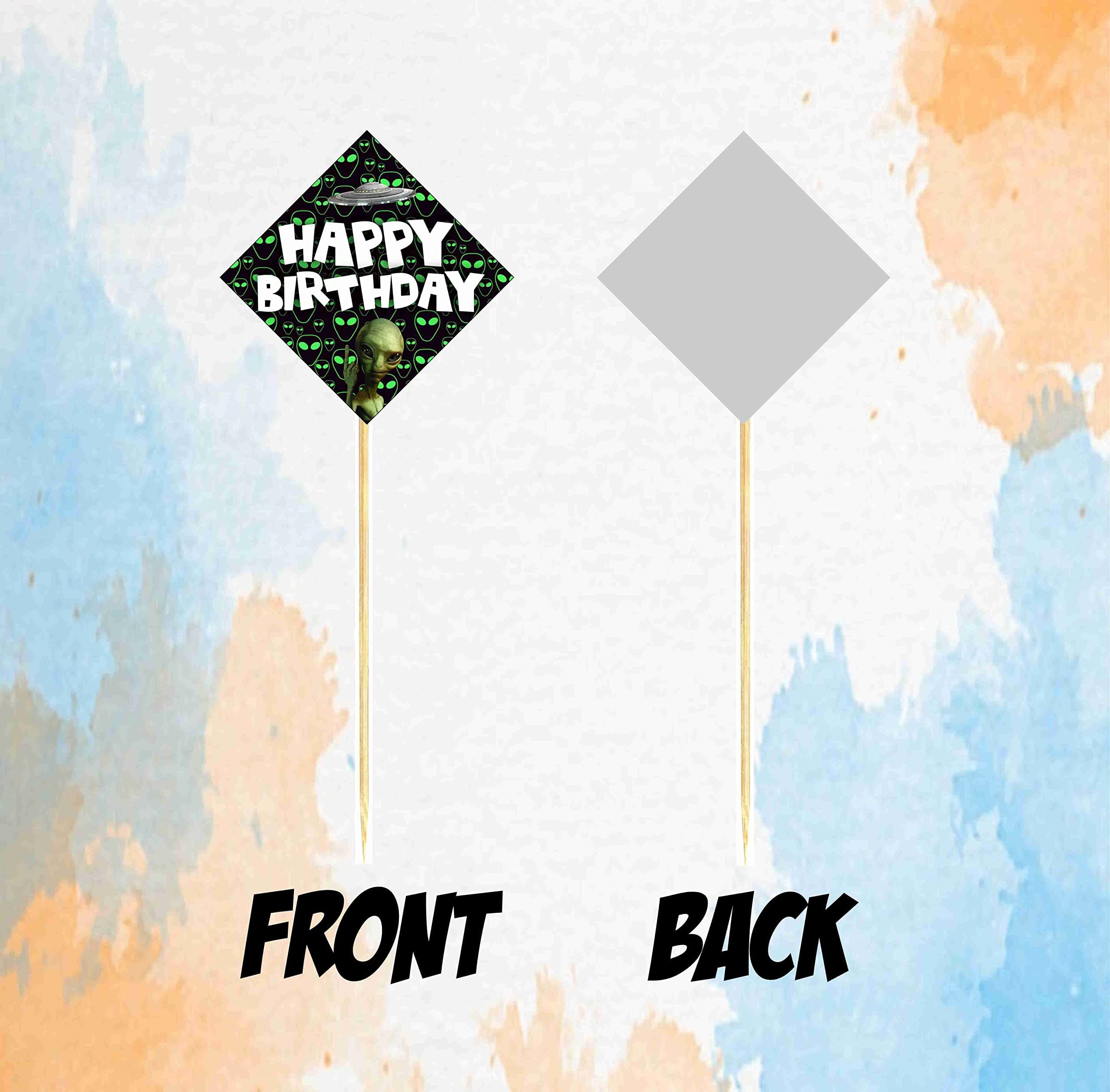Balloonistics Aliens Theme Happy Birthday Cake Toppers - Pack of 10 Out of This World Galaxy & Outer Space Cake Decorations with Bamboo Sticks - Premium Cardstock "We Come in Peace" Toppers for UFO & Martian Theme Parties (Cake Topper - Pack of 10) thumbnail 4