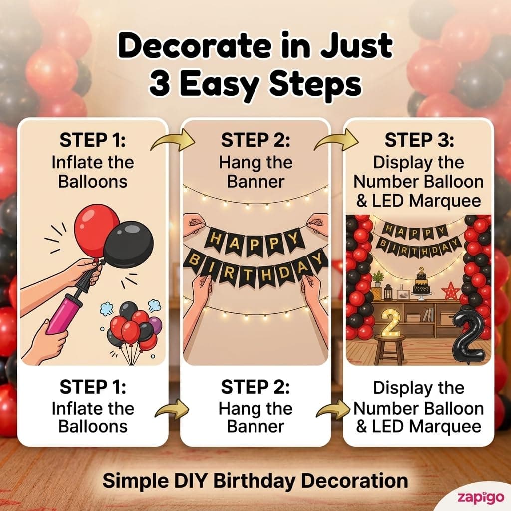 Balloonistics 12th Birthday Decoration Combo Kit - 40 Inch Black Foil Number Balloon, LED Marquee Light, 50 Black & Red Balloons, Happy Birthday Banner, Balloon Pump & Glue Dots thumbnail 3