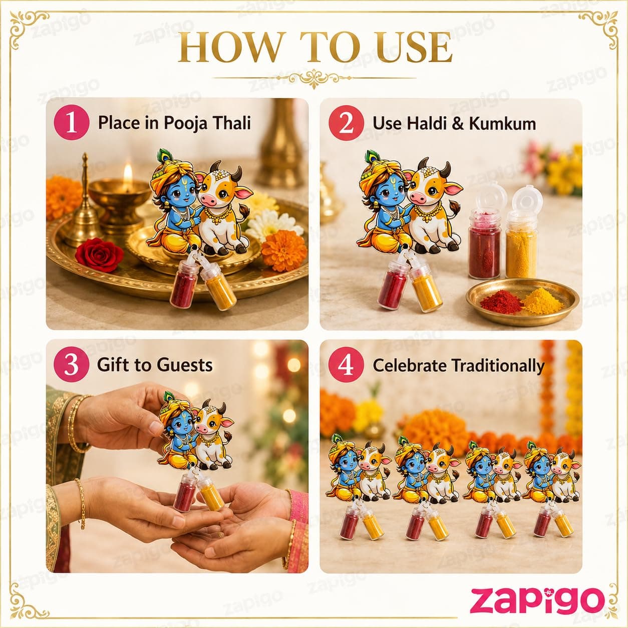 Habba Krishna & Cow Haldi Kumkum Set for Guests, Printed Cut-Out with Mini Dome Glass Bottles of Haldi & Kumkum, Traditional Janmashtami Pooja Return Gift, Pack of 10 thumbnail 7