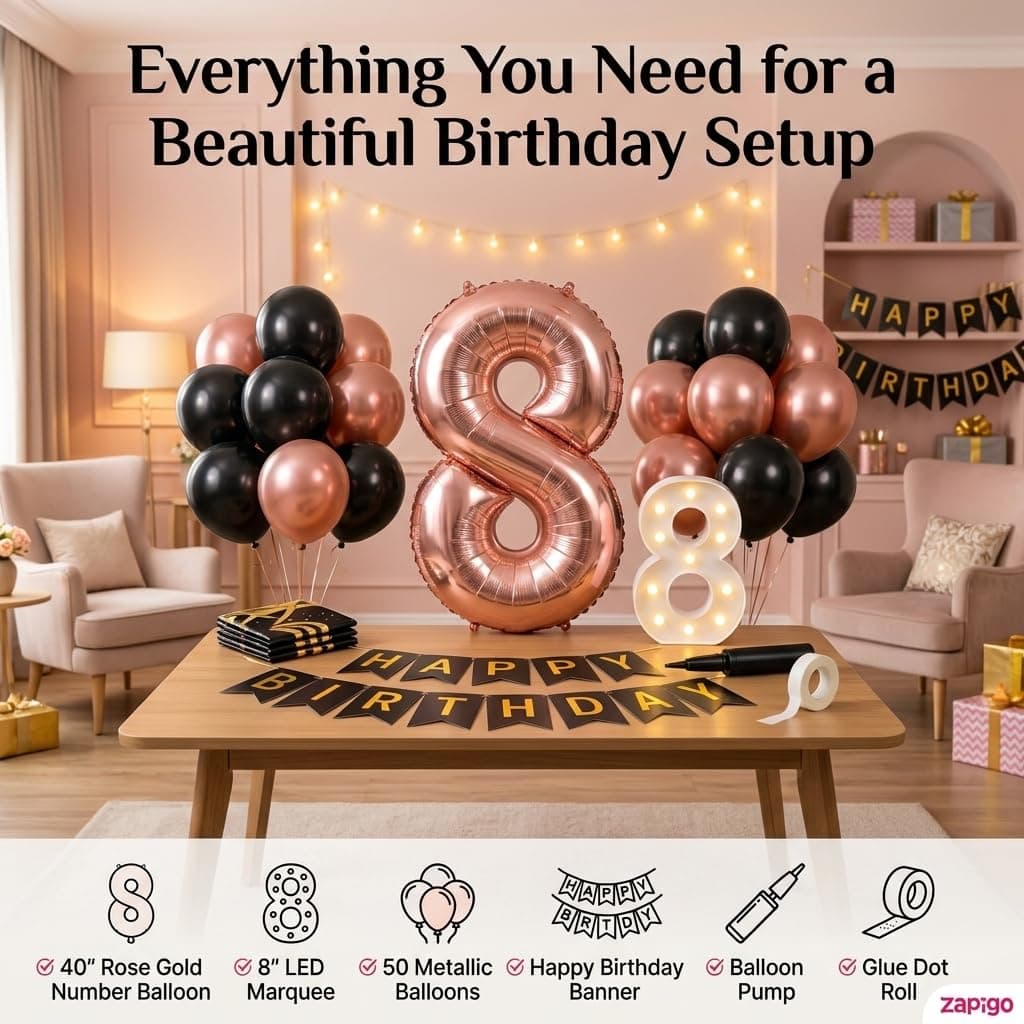Balloonistics 19th Birthday Decoration Combo Kit - 40 Inch Rose Gold Foil Number Balloon, LED Marquee Light, 50 Rose Gold & Black Balloons, Happy Birthday Banner, Balloon Pump & Glue Dots thumbnail 2