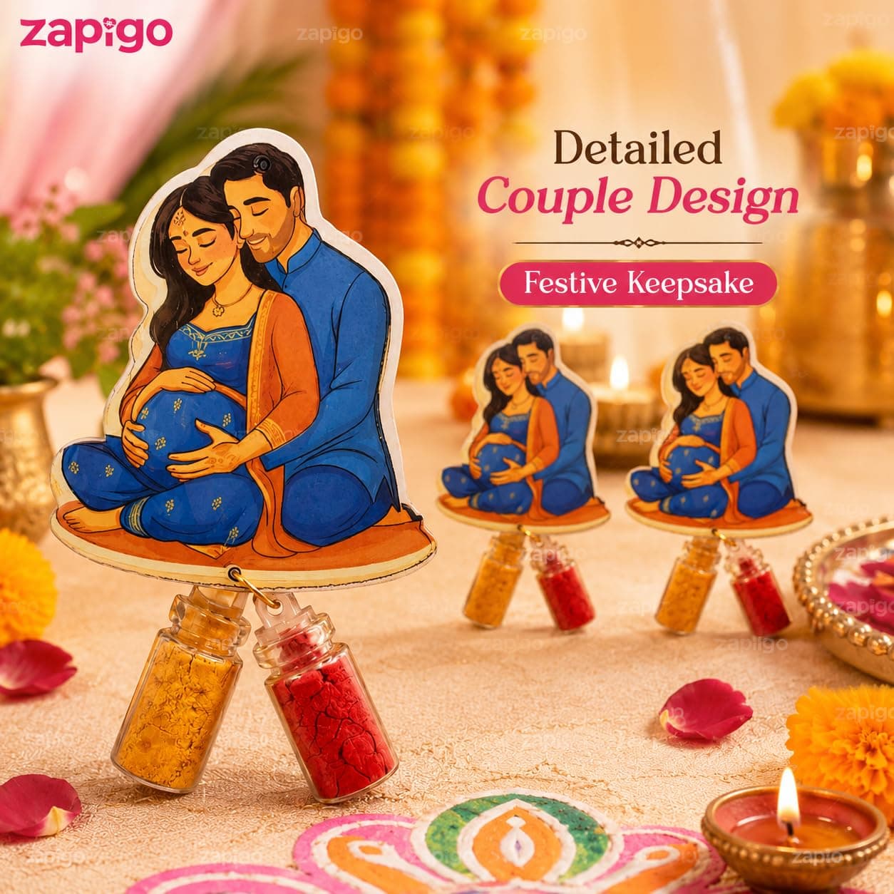 Habba Baby Shower Couple Haldi Kumkum Set for Guests, Printed Cut-Out with Mini Dome Glass Bottles of Haldi & Kumkum, Traditional Seemantham / Godh Bharai / Valaikappu Return Gift, Pack of 5 thumbnail 6