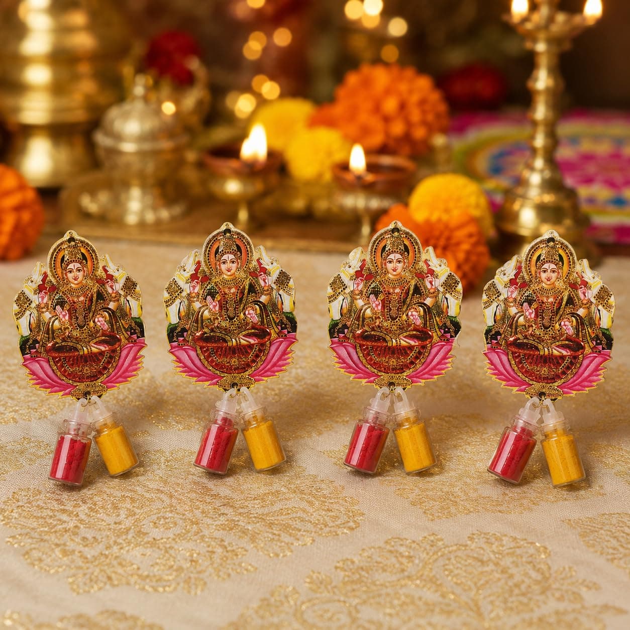 Habba Gaja Lakshmi Haldi Kumkum Set for Guests, Printed Cut-Out with Mini Dome Glass Bottles of Haldi & Kumkum, Traditional Varalakshmi Vratham, Deepavali, Navratri, Dhanteras, Griha, Pack of 10 thumbnail 1
