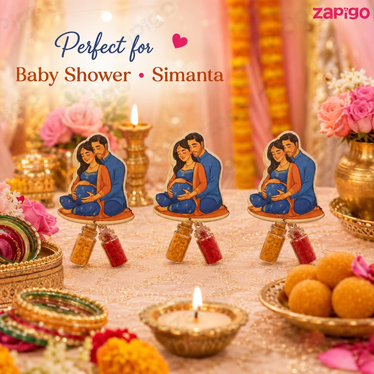 Habba Baby Shower Couple Haldi Kumkum Set for Guests, Printed Cut-Out with Mini Dome Glass Bottles of Haldi & Kumkum, Traditional Seemantham / Godh Bharai / Valaikappu Return Gift, Pack of 5 thumbnail 5