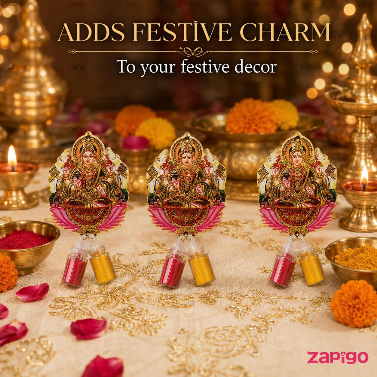 Habba Gaja Lakshmi Haldi Kumkum Set for Guests, Printed Cut-Out with Mini Dome Glass Bottles of Haldi & Kumkum, Traditional Varalakshmi Vratham, Deepavali, Navratri, Dhanteras, Griha, Pack of 10 thumbnail 8