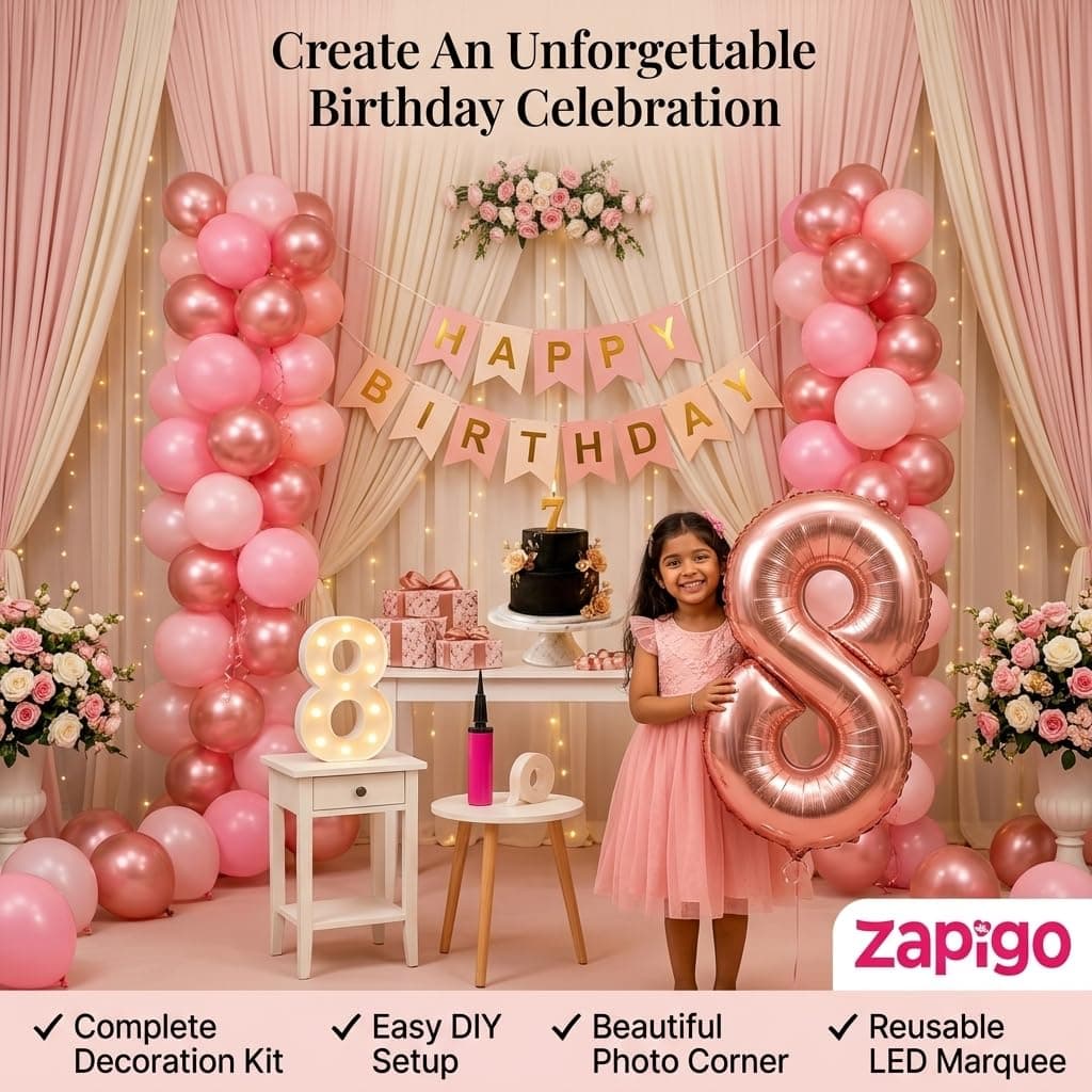 Balloonistics 11th Birthday Decoration Combo Kit - 40 Inch Rose Gold Foil Number Balloon, LED Marquee Light, 50 Rose Gold & Pink Balloons, Happy Birthday Banner, Balloon Pump & Glue Dots thumbnail 5