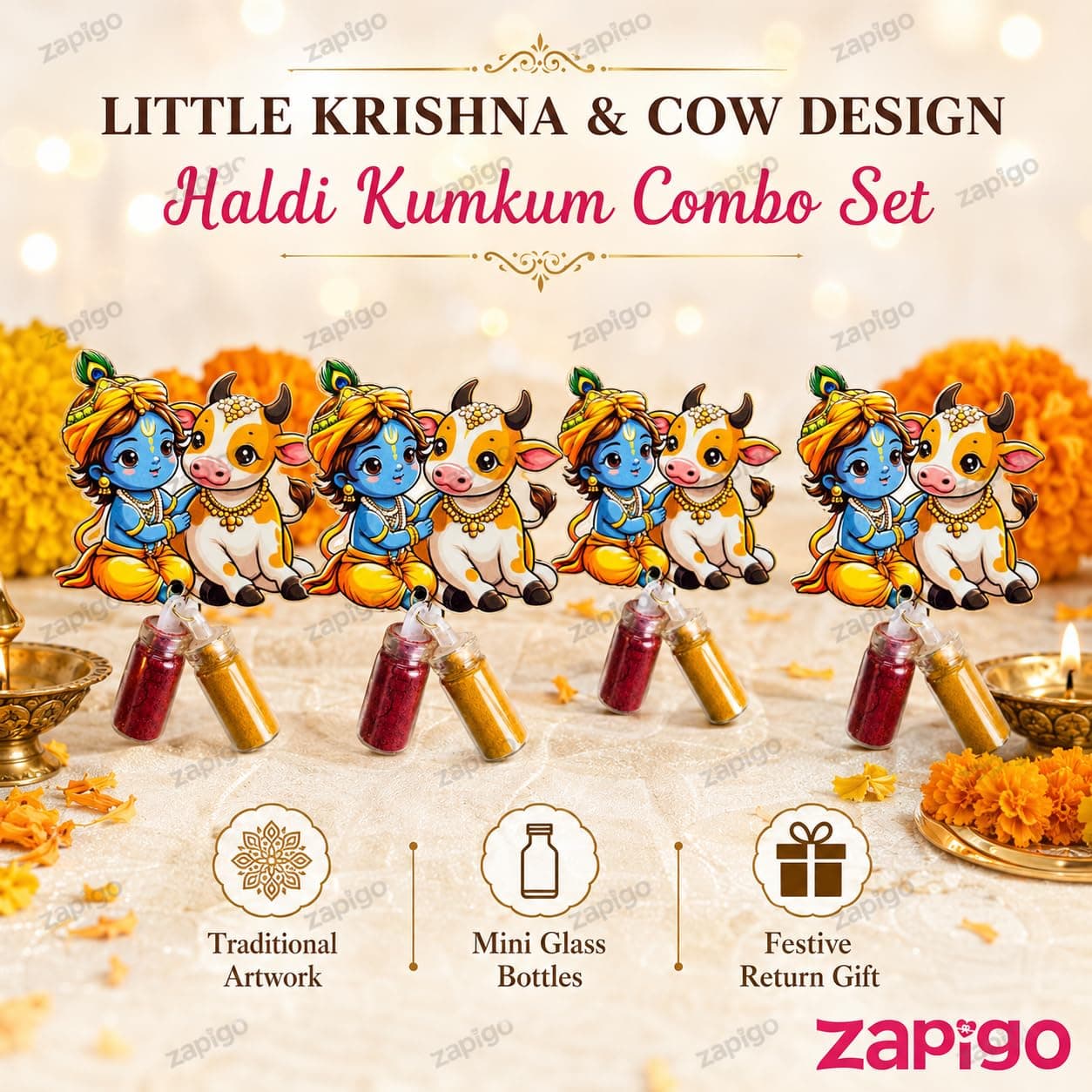 Habba Krishna & Cow Haldi Kumkum Set for Guests, Printed Cut-Out with Mini Dome Glass Bottles of Haldi & Kumkum, Traditional Janmashtami Pooja Return Gift (Gokulashtami, Krishna Pooja), Pack of 5 thumbnail 2