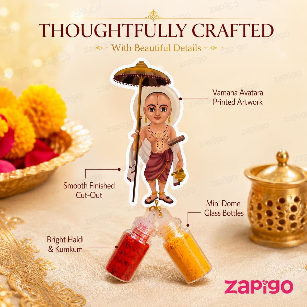 Habba Vamana Avatara Haldi Kumkum Set for Guests, Printed Cut-Out with Mini Dome Glass Bottles of Haldi & Kumkum, Traditional Onam, Vishnu Pooja, Satyanarayana Vratam & Griha Pravesh Return, Pack of 5 thumbnail 3