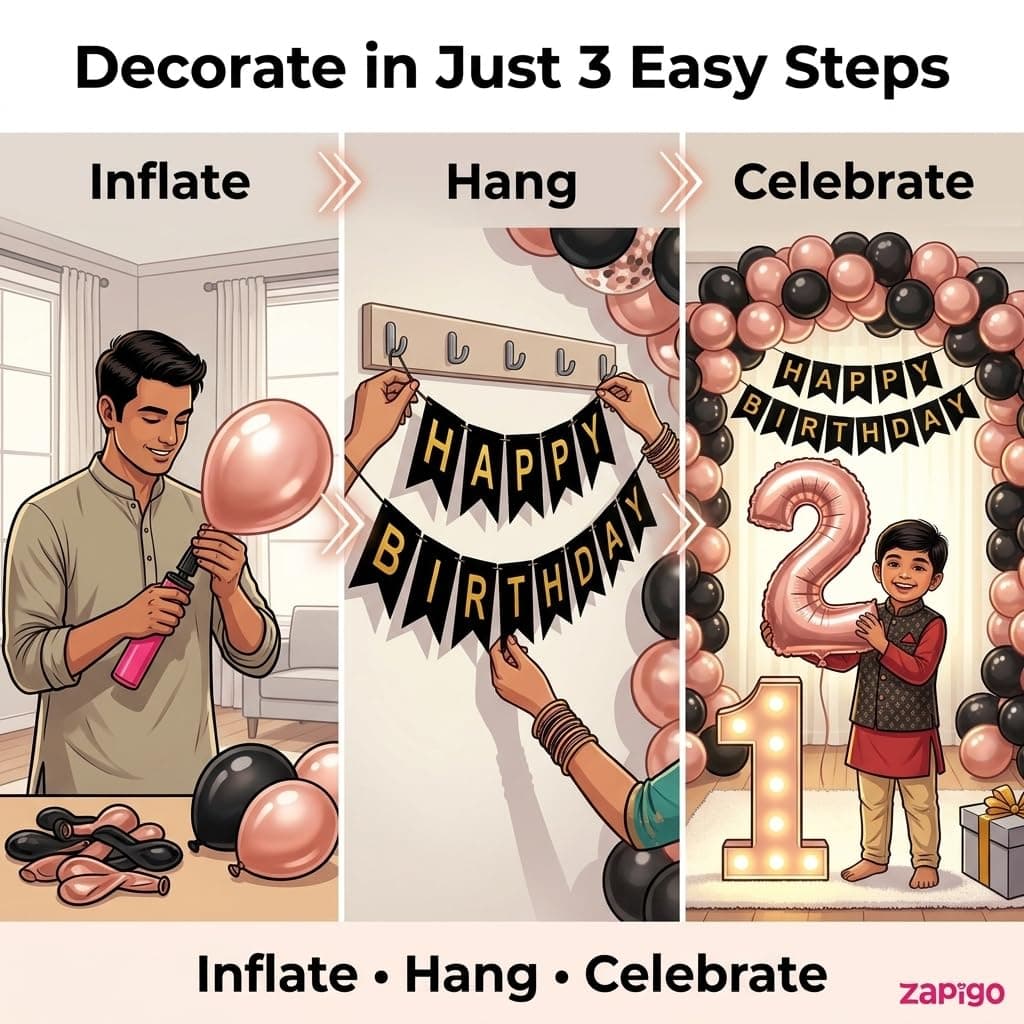 Balloonistics 11th Birthday Decoration Combo Kit - 40 Inch Rose Gold Foil Number Balloon, LED Marquee Light, 50 Rose Gold & Black Balloons, Happy Birthday Banner, Balloon Pump & Glue Dots thumbnail 3