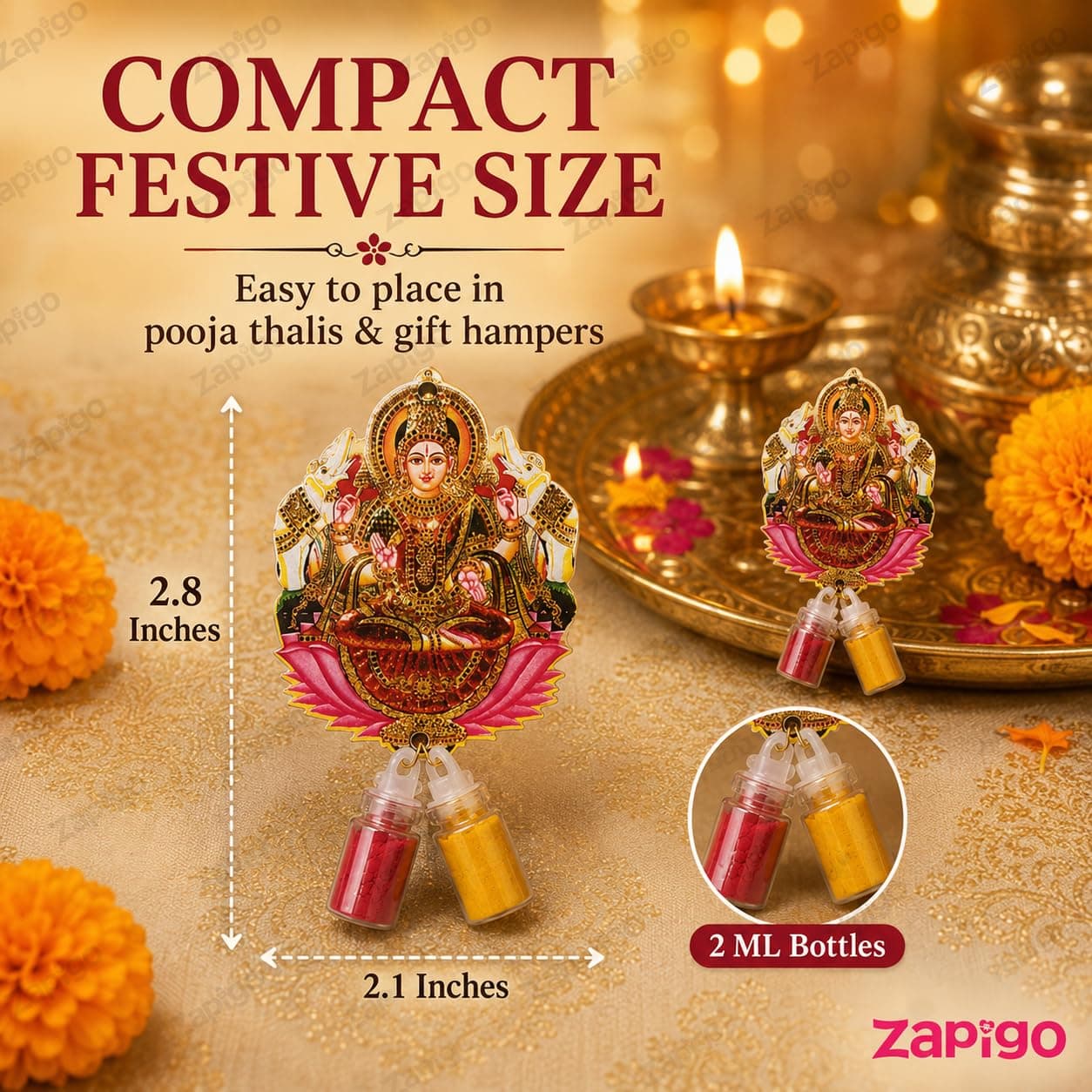 Habba Gaja Lakshmi Haldi Kumkum Set for Guests, Printed Cut-Out with Mini Dome Glass Bottles of Haldi & Kumkum, Traditional Varalakshmi Vratham, Deepavali, Navratri, Dhanteras, Griha, Pack of 10 thumbnail 3