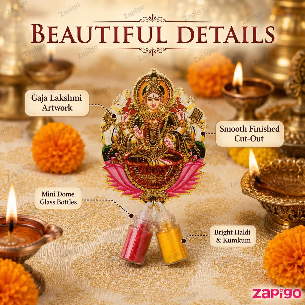 Habba Gaja Lakshmi Haldi Kumkum Set for Guests, Printed Cut-Out with Mini Dome Glass Bottles of Haldi & Kumkum, Traditional Varalakshmi Vratham, Deepavali, Navratri, Dhanteras, Griha, Pack of 10 thumbnail 4