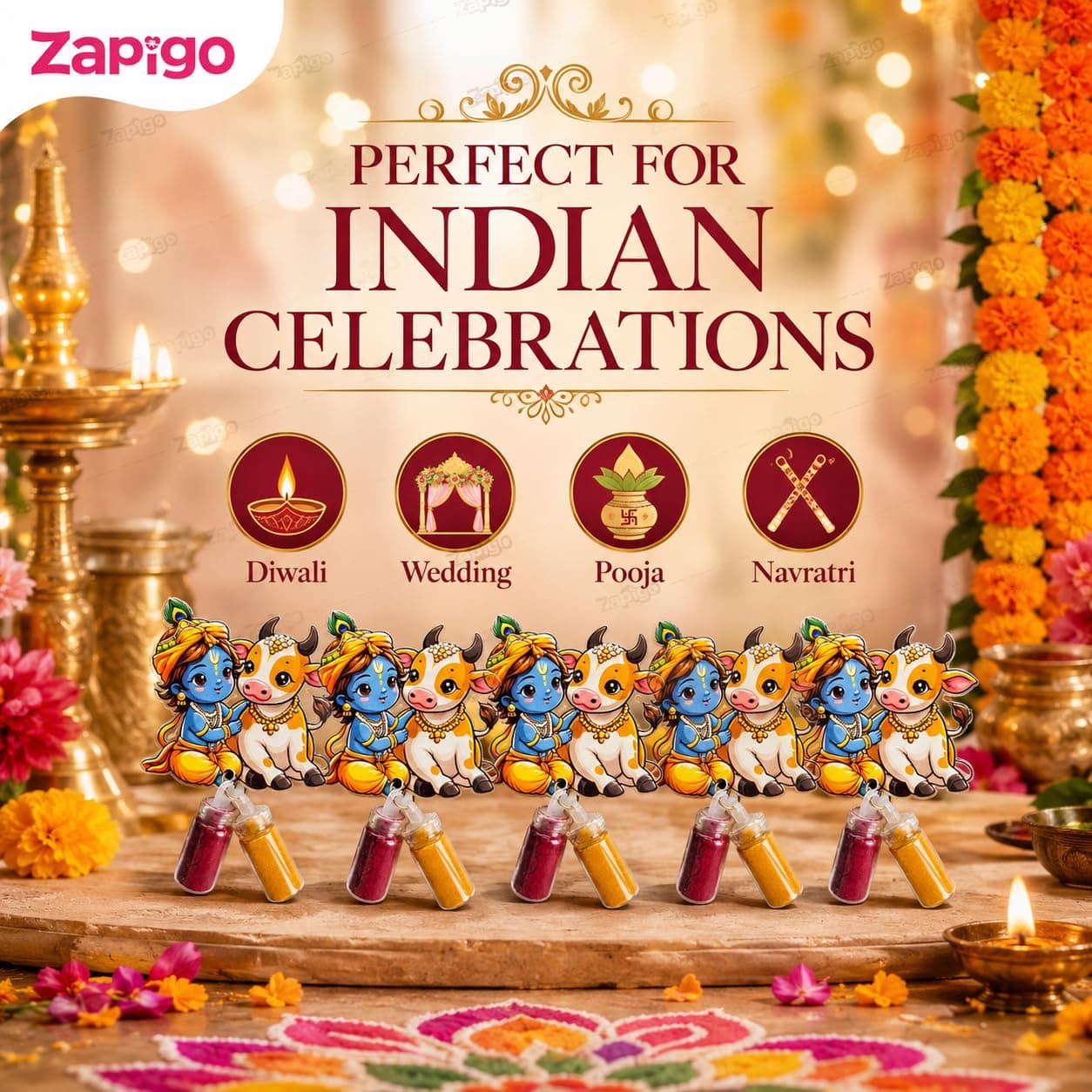Habba Krishna & Cow Haldi Kumkum Set for Guests, Printed Cut-Out with Mini Dome Glass Bottles of Haldi & Kumkum, Traditional Janmashtami Pooja Return Gift, Pack of 10 thumbnail 5