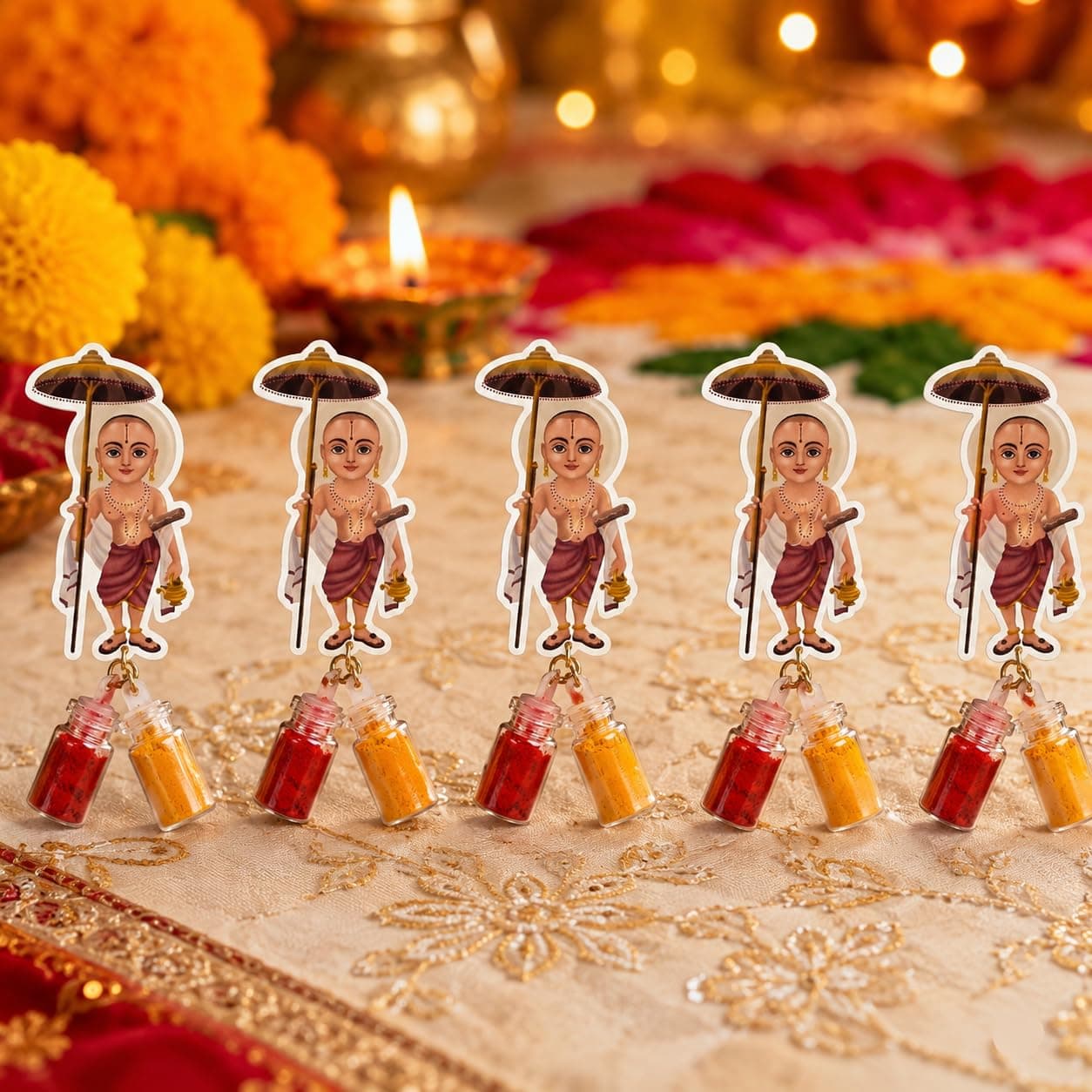 Habba Vamana Avatara Haldi Kumkum Set for Guests, Printed Cut-Out with Mini Dome Glass Bottles of Haldi & Kumkum, Traditional Onam, Vishnu Pooja, Satyanarayana Vratam & Griha Pravesh Return, Pack of 5 thumbnail 1