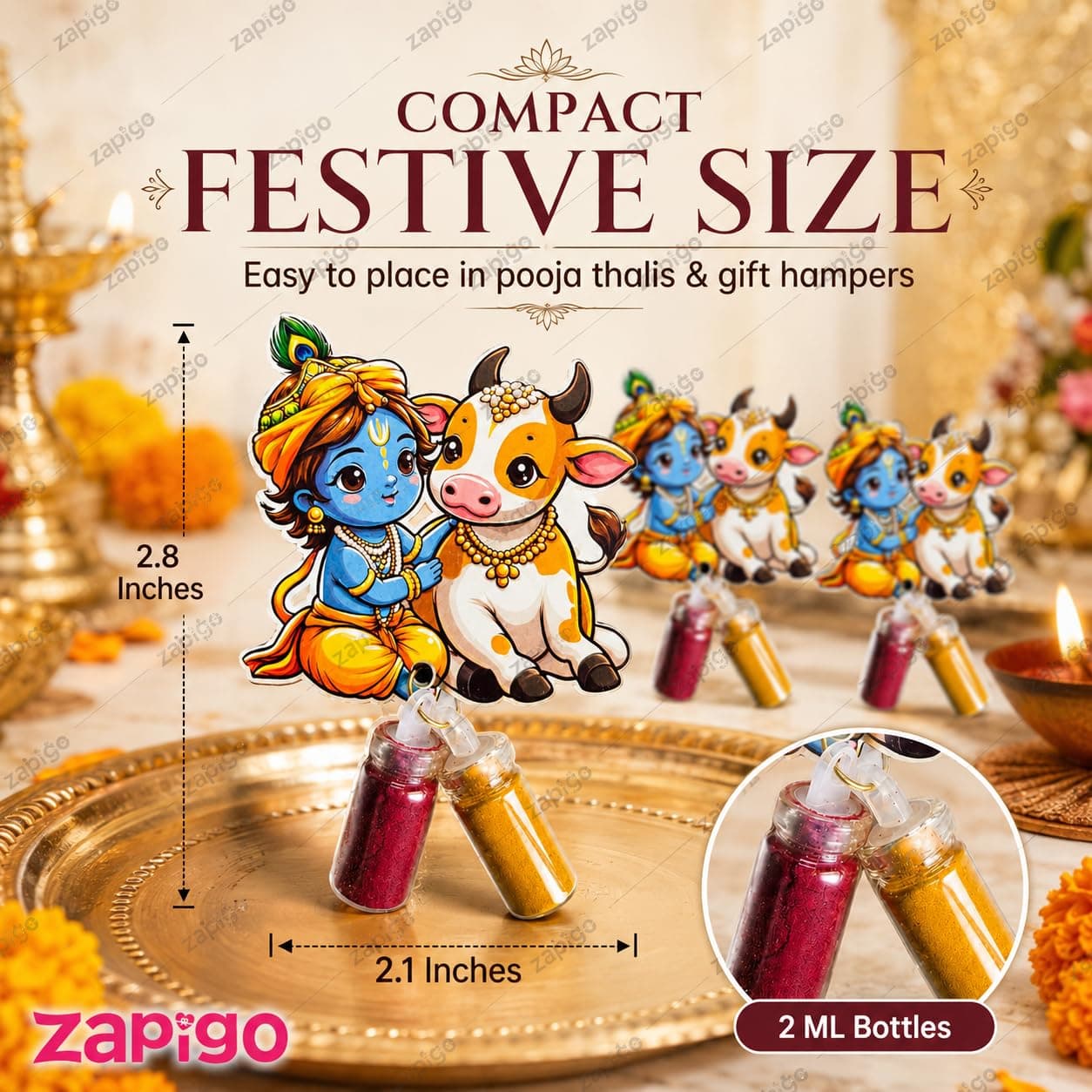 Habba Krishna & Cow Haldi Kumkum Set for Guests, Printed Cut-Out with Mini Dome Glass Bottles of Haldi & Kumkum, Traditional Janmashtami Pooja Return Gift, Pack of 10 thumbnail 3