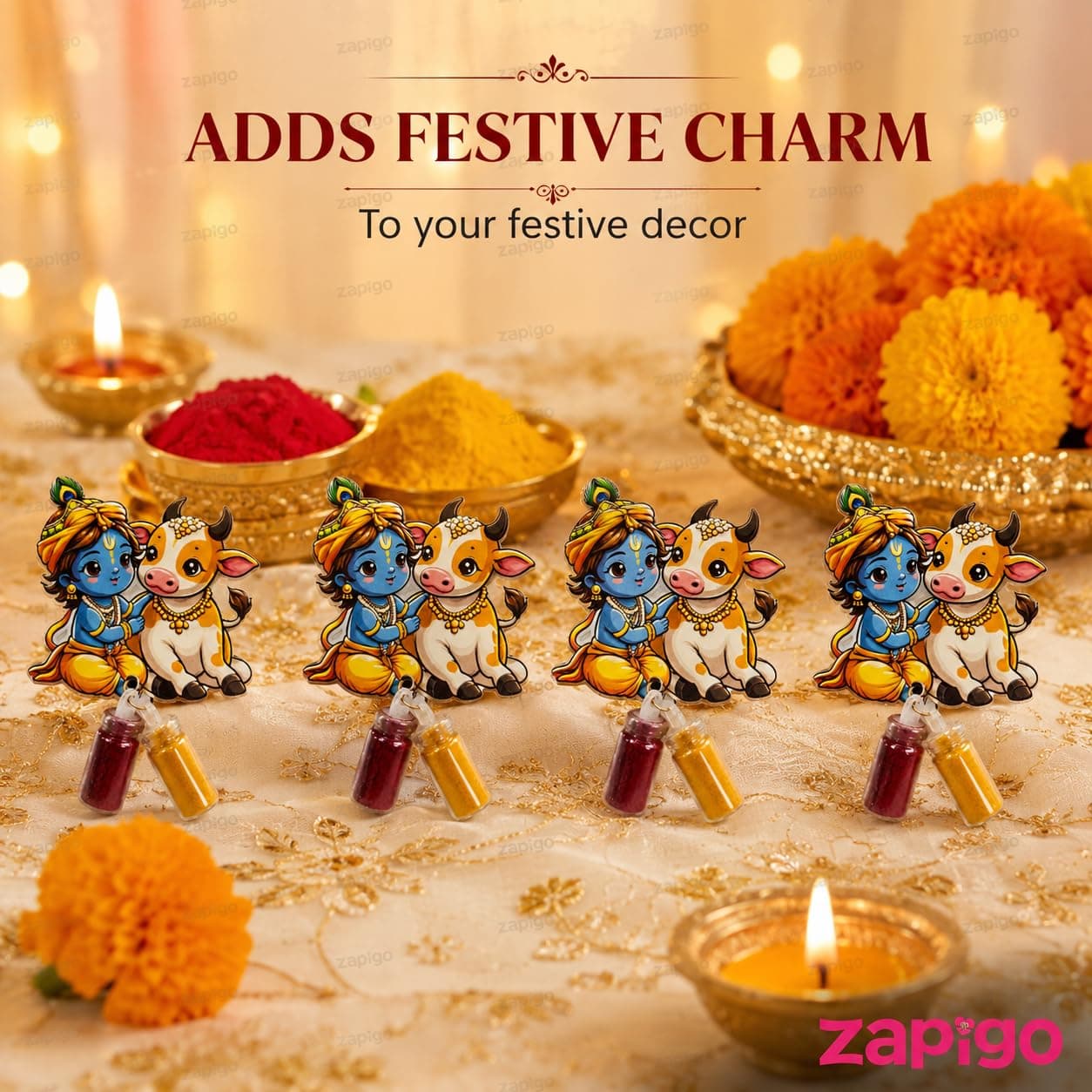 Habba Krishna & Cow Haldi Kumkum Set for Guests, Printed Cut-Out with Mini Dome Glass Bottles of Haldi & Kumkum, Traditional Janmashtami Pooja Return Gift (Gokulashtami, Krishna Pooja), Pack of 5 thumbnail 8
