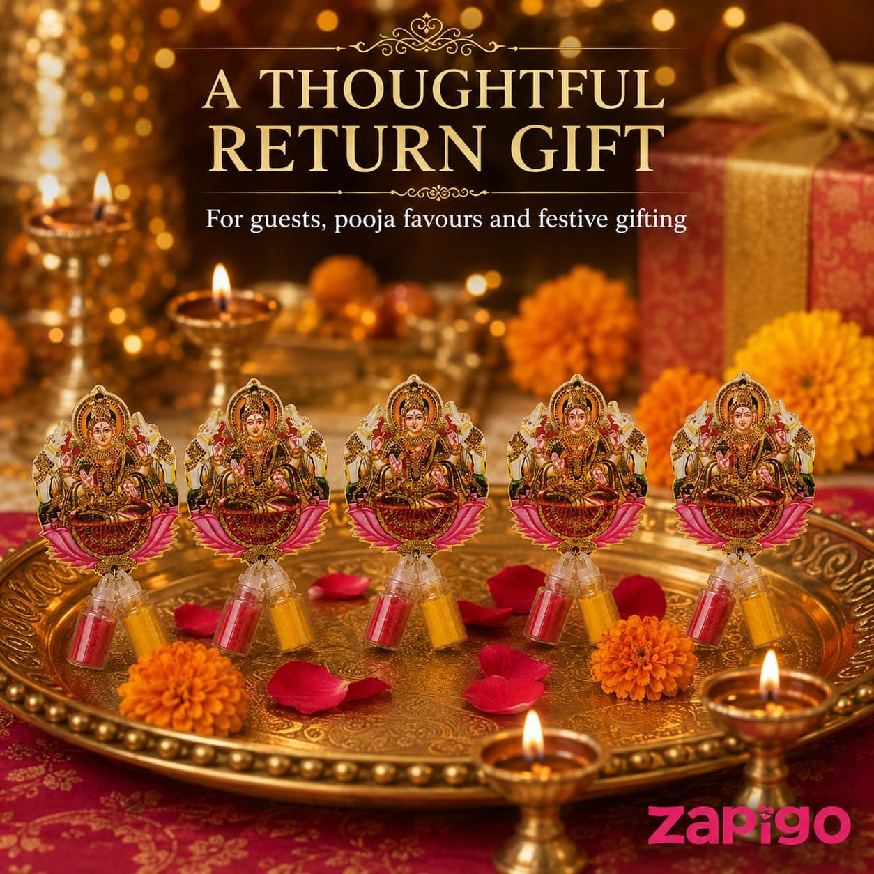 Habba Gaja Lakshmi Haldi Kumkum Set for Guests, Printed Cut-Out with Mini Dome Glass Bottles of Haldi & Kumkum, Traditional Varalakshmi Vratham, Deepavali, Navratri, Dhanteras, Griha, Pack of 10 thumbnail 6