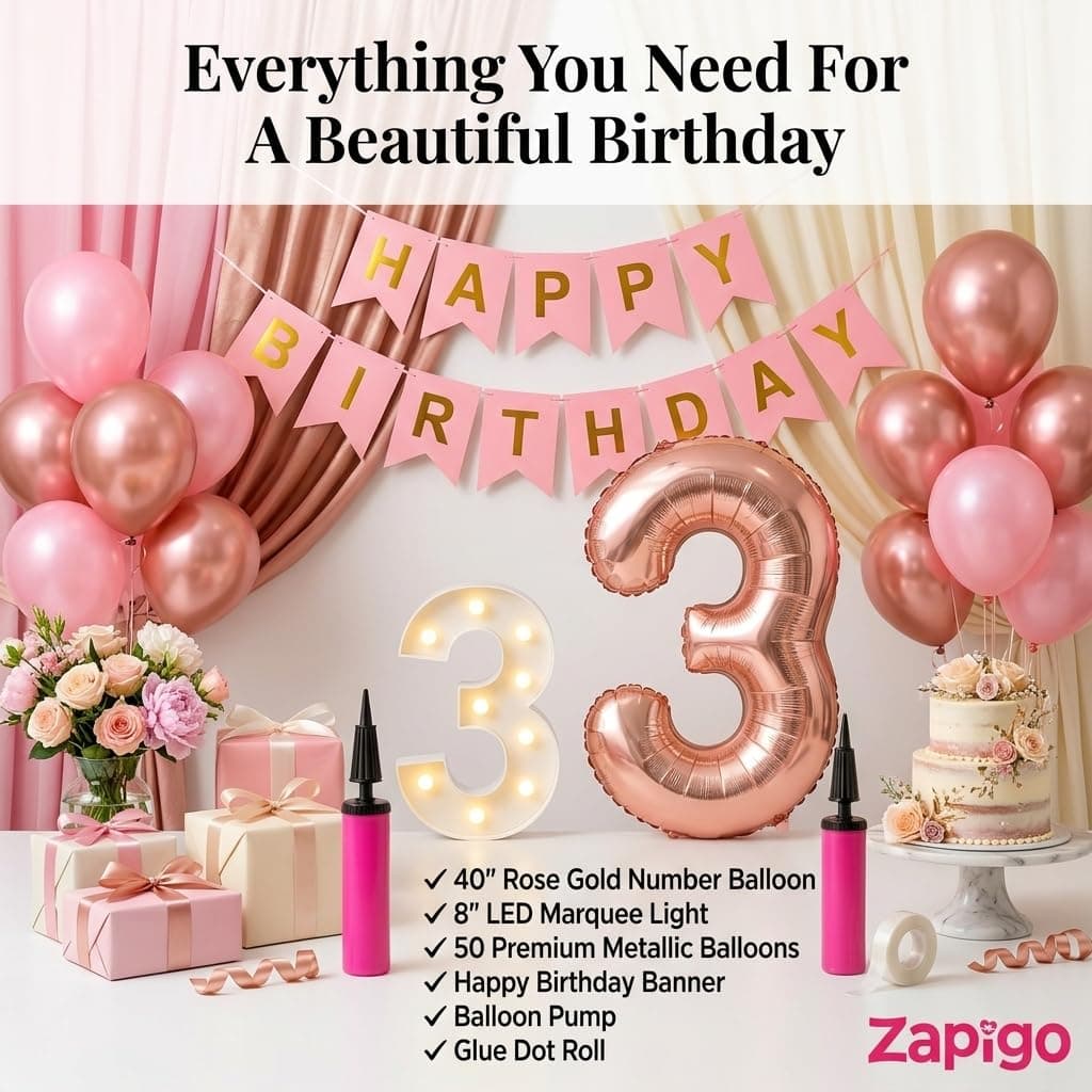 Balloonistics 11th Birthday Decoration Combo Kit - 40 Inch Rose Gold Foil Number Balloon, LED Marquee Light, 50 Rose Gold & Pink Balloons, Happy Birthday Banner, Balloon Pump & Glue Dots thumbnail 2