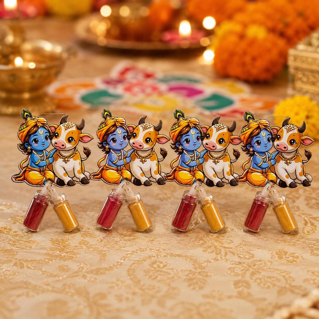 Habba Krishna & Cow Haldi Kumkum Set for Guests, Printed Cut-Out with Mini Dome Glass Bottles of Haldi & Kumkum, Traditional Janmashtami Pooja Return Gift (Gokulashtami, Krishna Pooja), Pack of 5 thumbnail 1