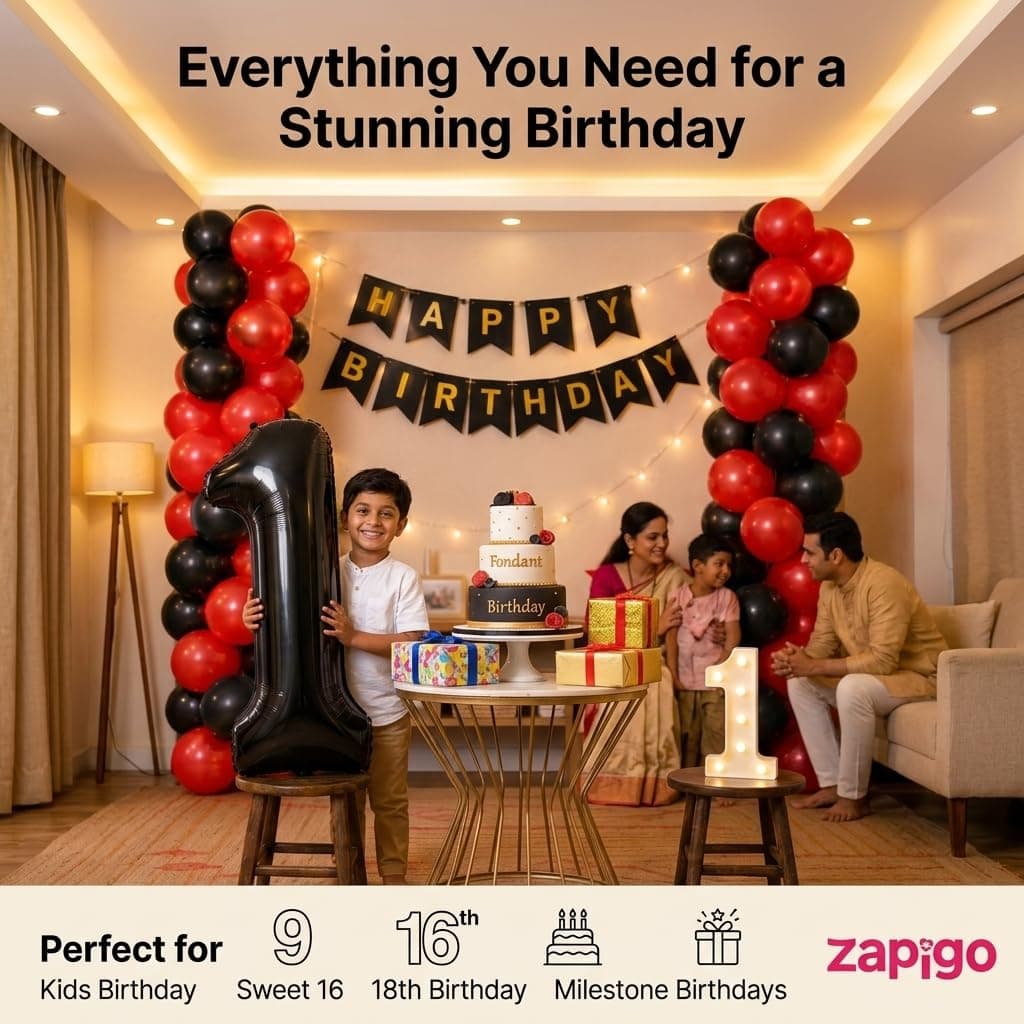 Balloonistics 12th Birthday Decoration Combo Kit - 40 Inch Black Foil Number Balloon, LED Marquee Light, 50 Black & Red Balloons, Happy Birthday Banner, Balloon Pump & Glue Dots thumbnail 5
