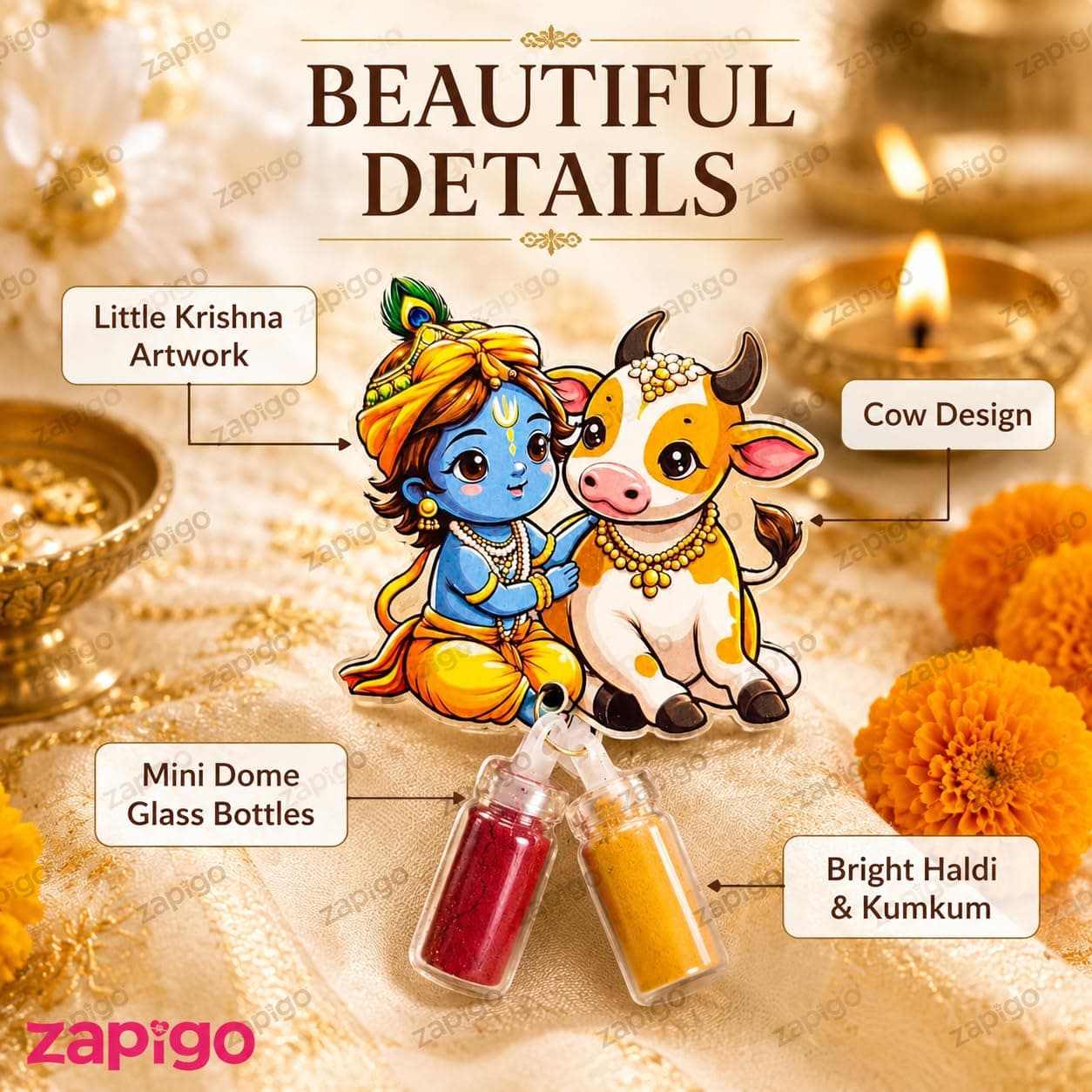 Habba Krishna & Cow Haldi Kumkum Set for Guests, Printed Cut-Out with Mini Dome Glass Bottles of Haldi & Kumkum, Traditional Janmashtami Pooja Return Gift, Pack of 10 thumbnail 4