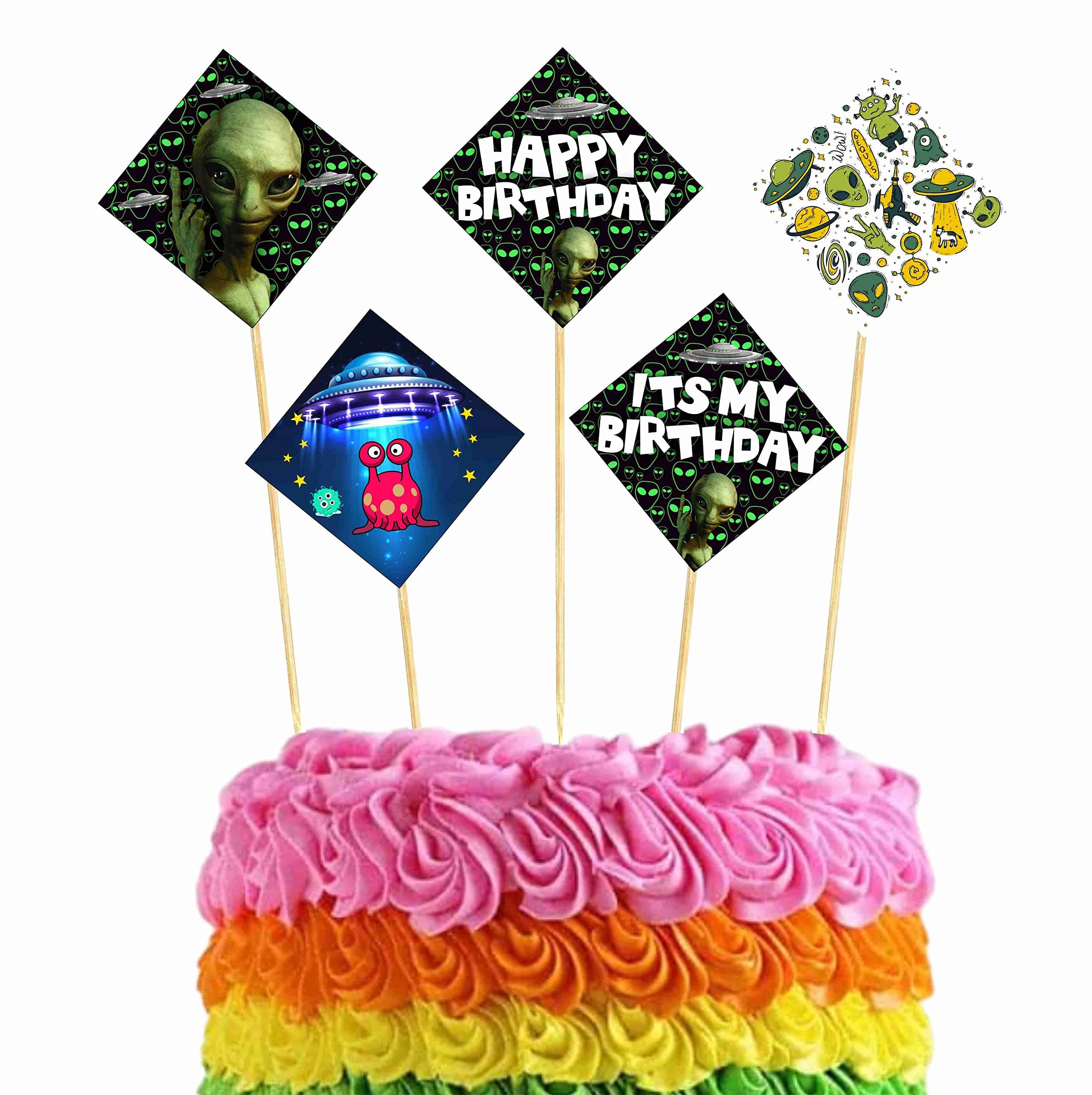 Balloonistics Aliens Theme Happy Birthday Cake Toppers - Pack of 10 Out of This World Galaxy & Outer Space Cake Decorations with Bamboo Sticks - Premium Cardstock "We Come in Peace" Toppers for UFO & Martian Theme Parties (Cake Topper - Pack of 10) thumbnail 1
