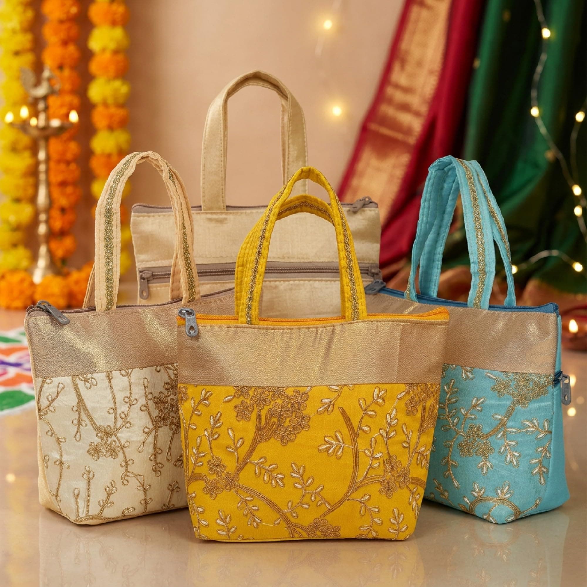 Habba Embroidery Design Hand Bag for Women, Compact Ethnic Festive Gift Bag with Padded Handles and Zip Closure, Ideal for Weddings, Mehendi, Haldi Kumkum, Return Gifts, Pack of 10 thumbnail 1