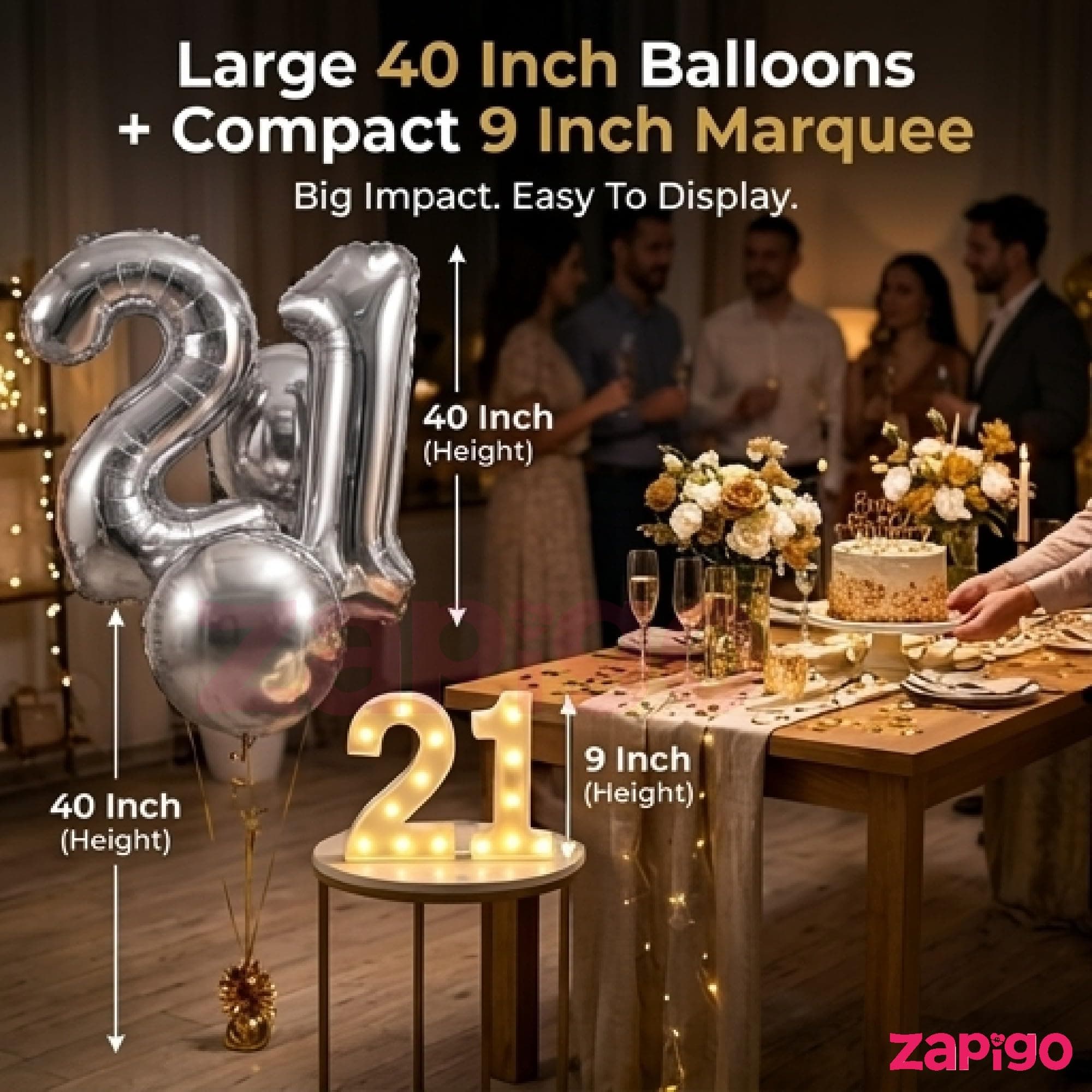 Balloonistics Silver 40-Inch Foil Number 60 Balloon with Matching LED Marquee Light - Combo Set for 60th Birthday, Anniversary Party Decoration, Photo Booth Backdrop, Cake Table Decor thumbnail 3