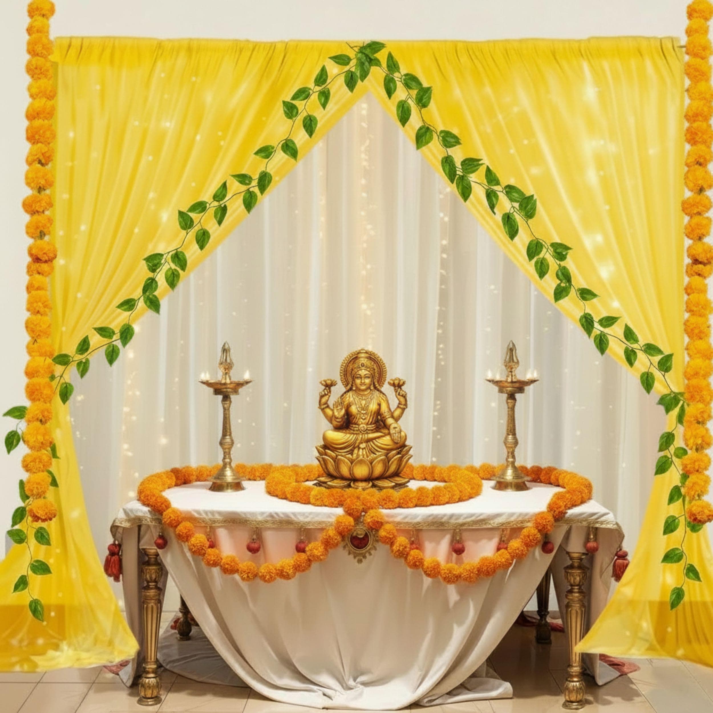 Balloonistics 11 Pcs Haldi & Pooja Decoration Kit – Traditional Yellow & White Backdrop Curtains with Marigold Garlands, Money Plant Vines & Hooks – DIY Home Celebration Set thumbnail 1