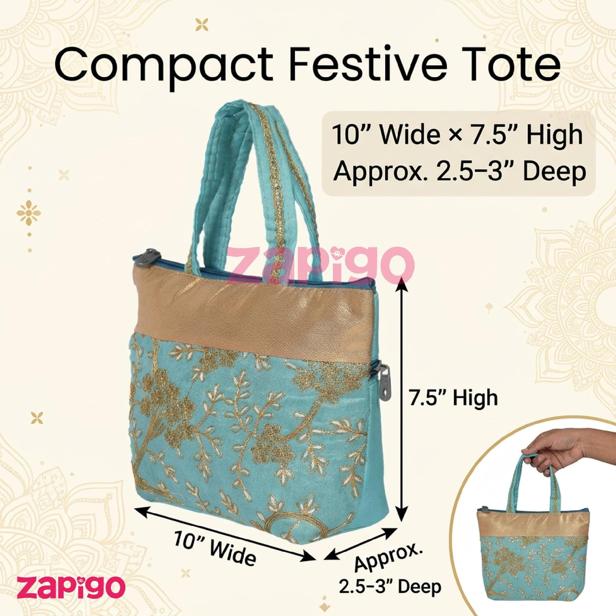 Habba Embroidery Design Hand Bag for Women, Compact Ethnic Festive Gift Bag with Padded Handles and Zip Closure, Ideal for Weddings, Mehendi, Haldi Kumkum, Return Gifts, Pack of 10 thumbnail 3
