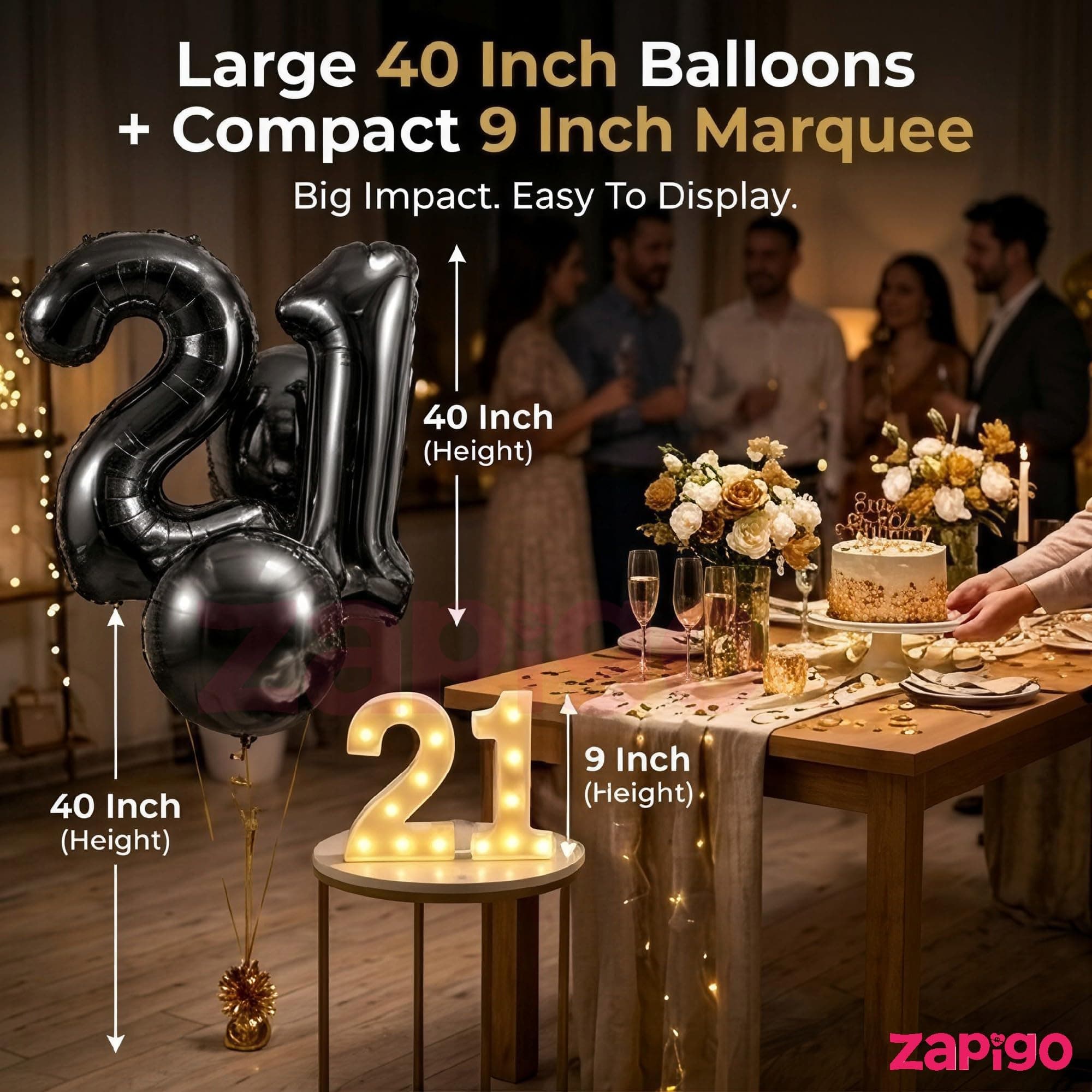 Balloonistics Black 40-Inch Foil Number 2 Balloon with Matching LED Marquee Light - Combo Set for 2nd Birthday, Anniversary, Party Decoration, Photo Booth Backdrop, Cake Table Decor thumbnail 3