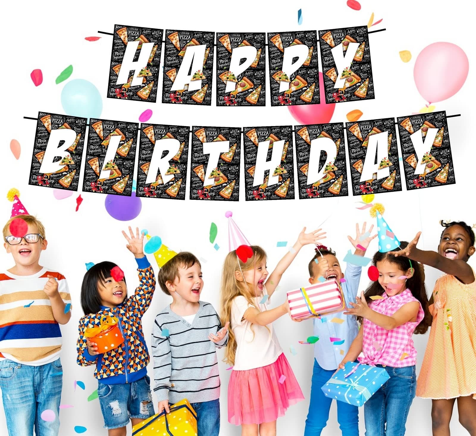 Balloonistics Pizza Theme Happy Birthday Banner Vibrant Cardstock Party Decorations for Kids Birthday Pizza Slice Backdrop for Party Supplies Including Ribbon thumbnail 2