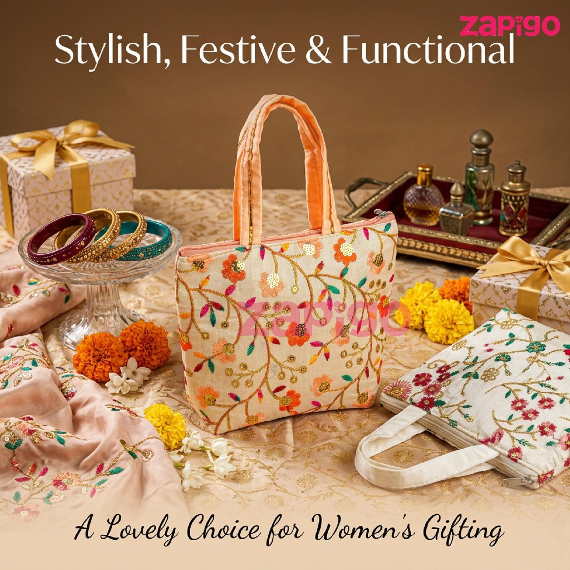 Habba Embroidered Floral Tote Bag for Women, Zip Closure Compact Ethnic Festive Haldi Kumkum Tamboolam Wedding Mehendi Engagement Baby Shower Griha Pravesh Diwali Navratri Return Gift Bag, Pack of 5 thumbnail 7