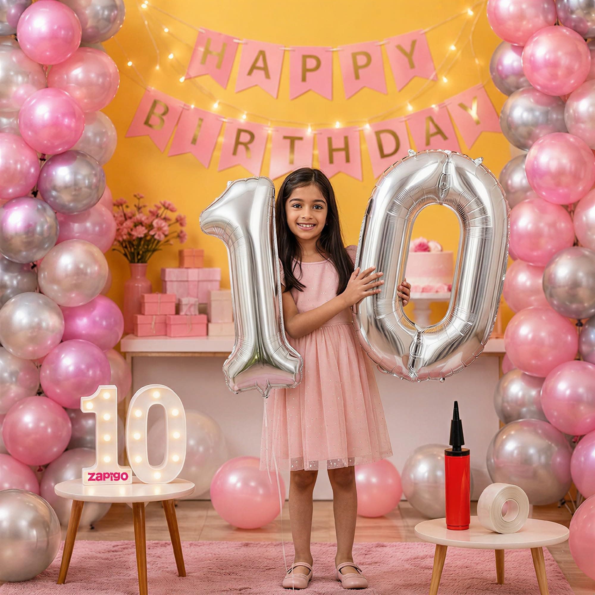 Balloonistics 10th Birthday Decoration Combo Kit - 40 Inch Silver Foil Number Balloon, LED Marquee Light, 50 Silver & Pink Balloons, Happy Birthday Banner, Balloon Pump & Glue Dots thumbnail 1