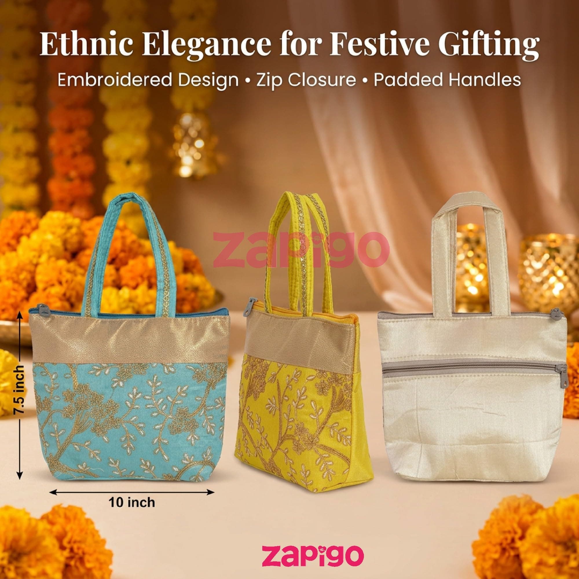 Habba Embroidery Design Hand Bag for Women, Compact Ethnic Festive Gift Bag with Padded Handles and Zip Closure, Ideal for Weddings, Mehendi, Haldi Kumkum, Return Gifts, Pack of 10 thumbnail 2