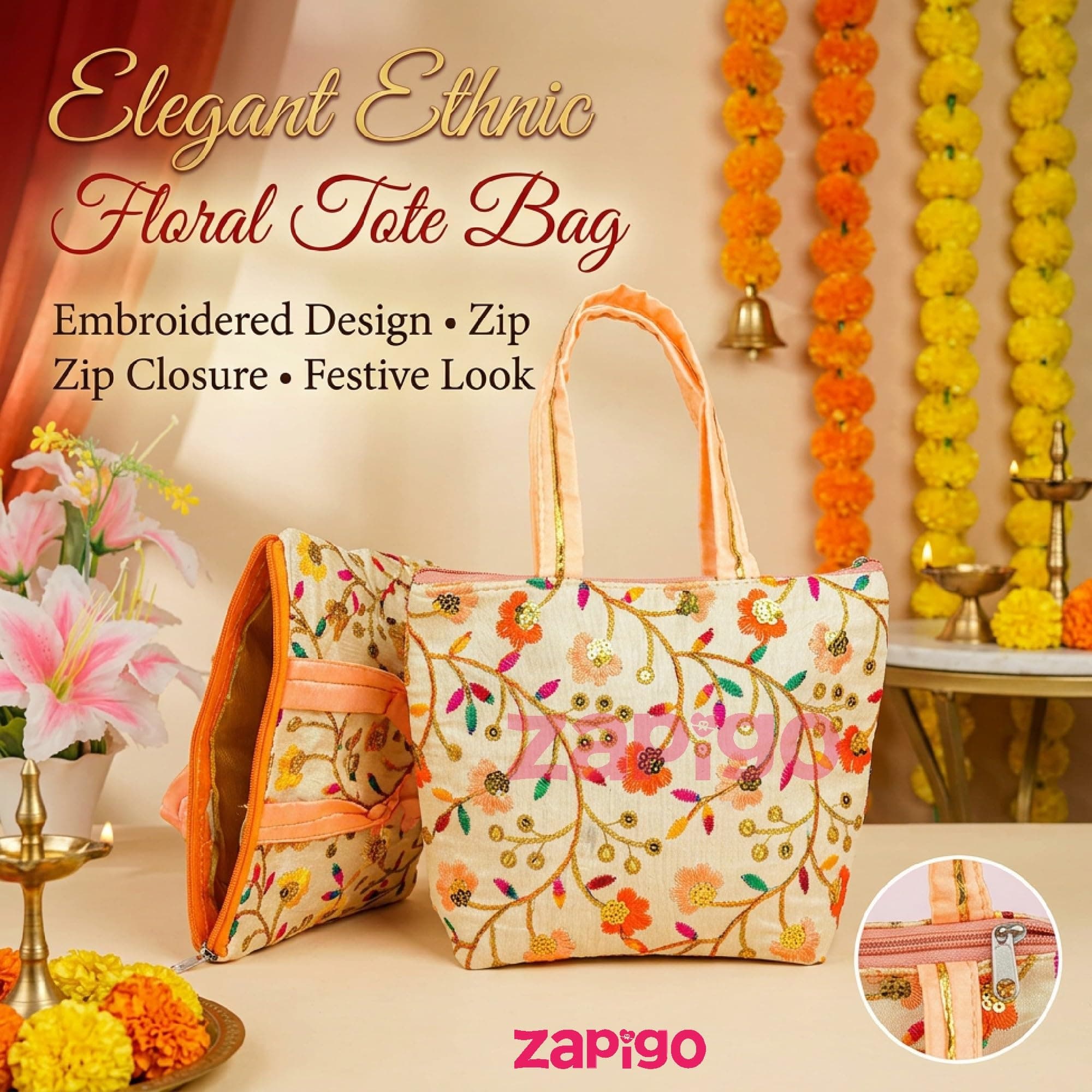 Habba Embroidered Floral Tote Bag for Women, Zip Closure Compact Ethnic Festive Haldi Kumkum Tamboolam Wedding Mehendi Engagement Baby Shower Griha Pravesh Diwali Navratri Return Gift Bag, Pack of 5 thumbnail 2