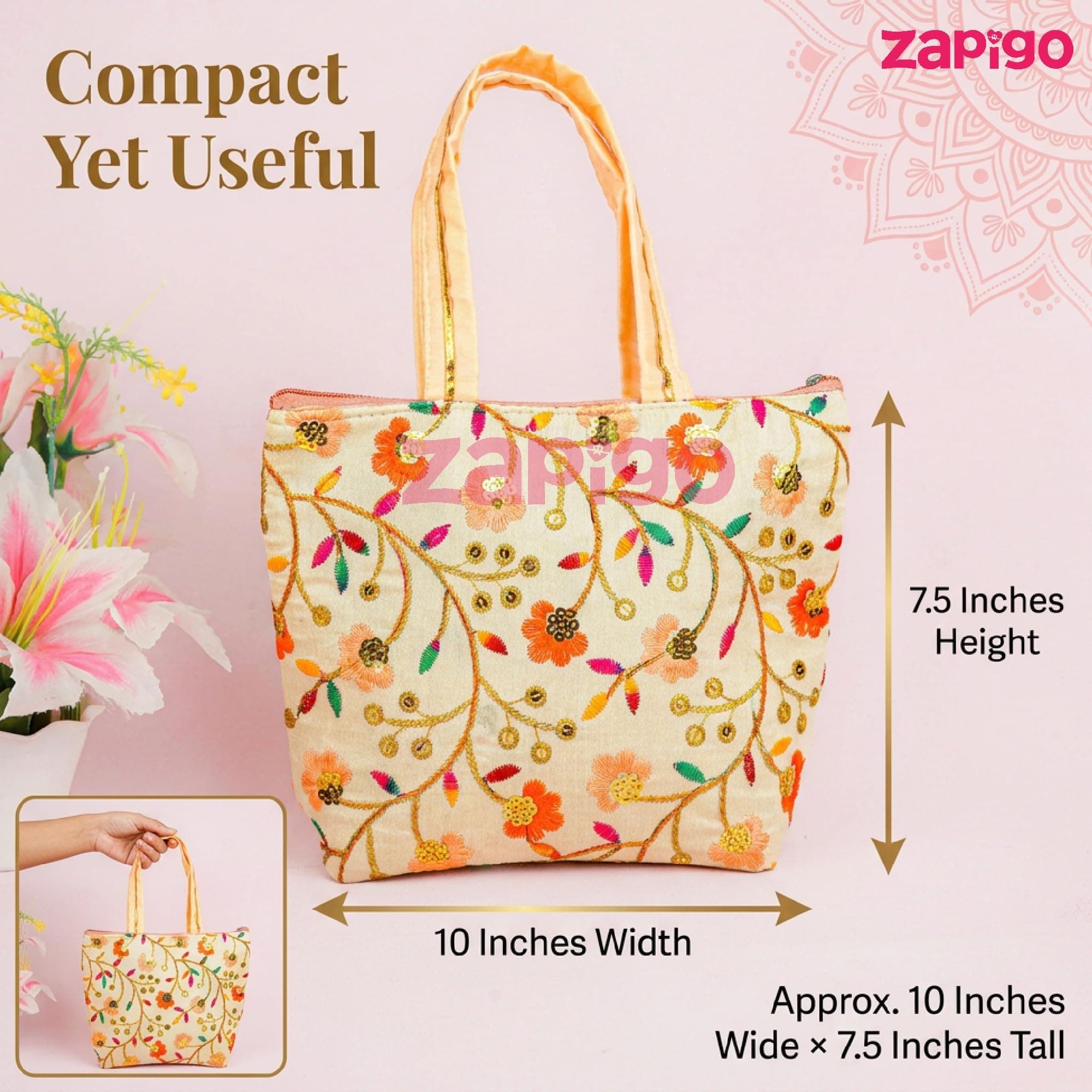 Habba Embroidered Floral Tote Bag for Women, Zip Closure Compact Ethnic Festive Haldi Kumkum Tamboolam Wedding Mehendi Engagement Baby Shower Griha Pravesh Diwali Navratri Return Gift Bag, Pack of 5 thumbnail 3