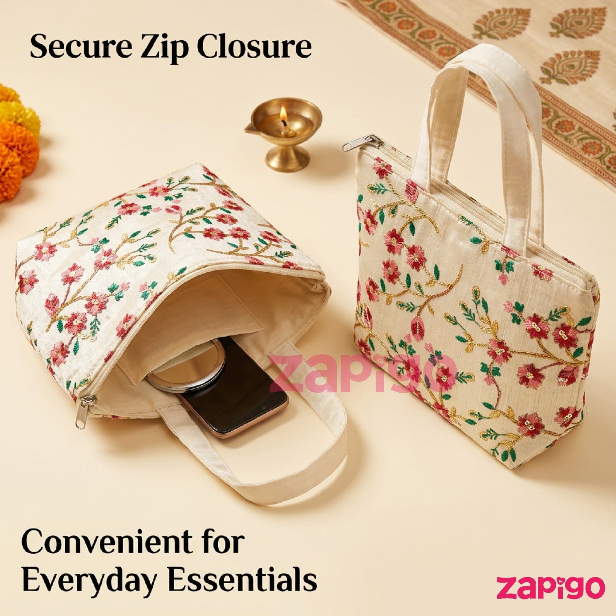 Habba Embroidered Floral Tote Bag for Women, Zip Closure Compact Ethnic Festive Haldi Kumkum Tamboolam Wedding Mehendi Engagement Baby Shower Griha Pravesh Diwali Navratri Return Gift Bag, Pack of 5 thumbnail 8