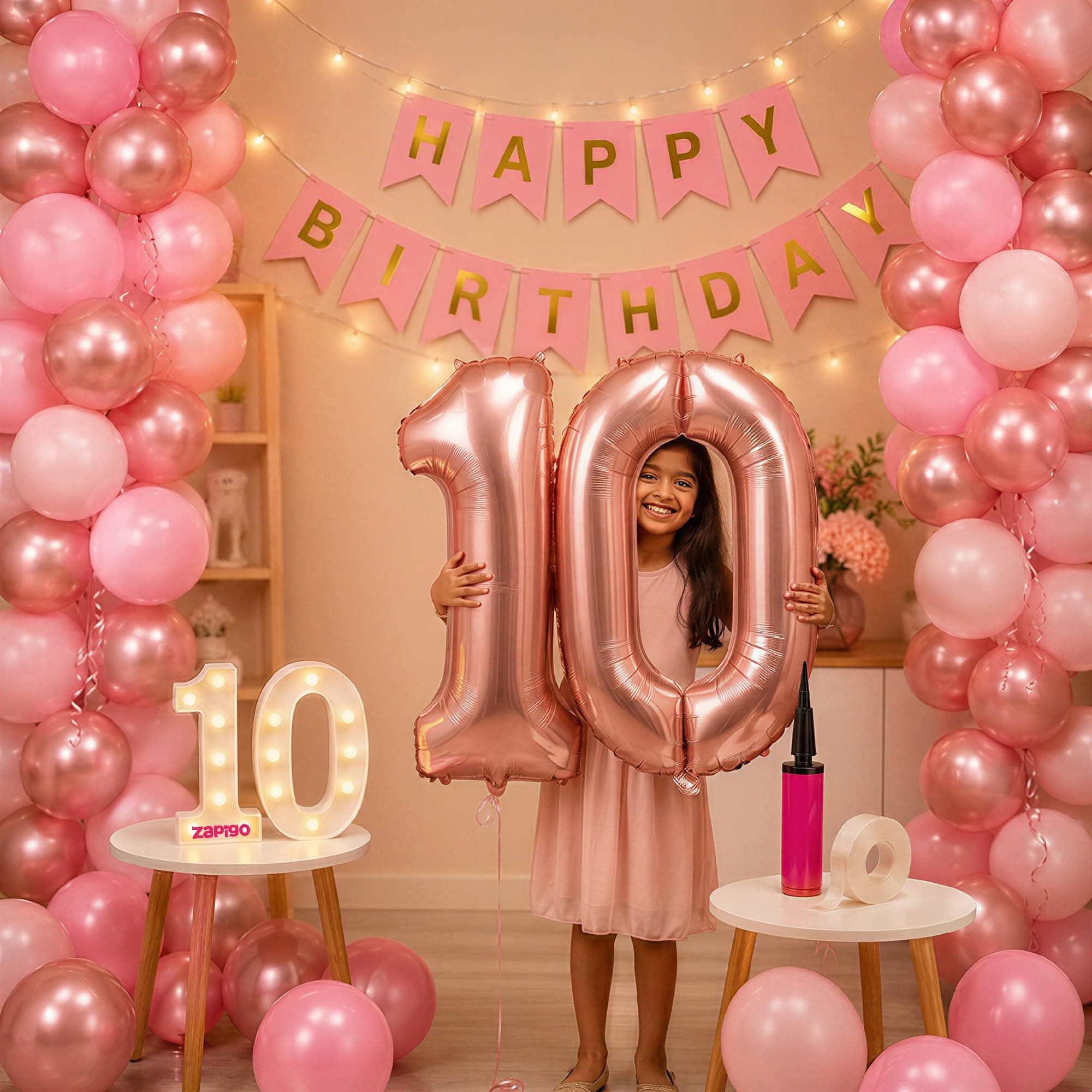 Balloonistics 10th Birthday Decoration Combo Kit - 40 Inch Rose Gold Foil Number Balloon, LED Marquee Light, 50 Rose Gold & Pink Balloons, Happy Birthday Banner, Balloon Pump & Glue Dots thumbnail 1