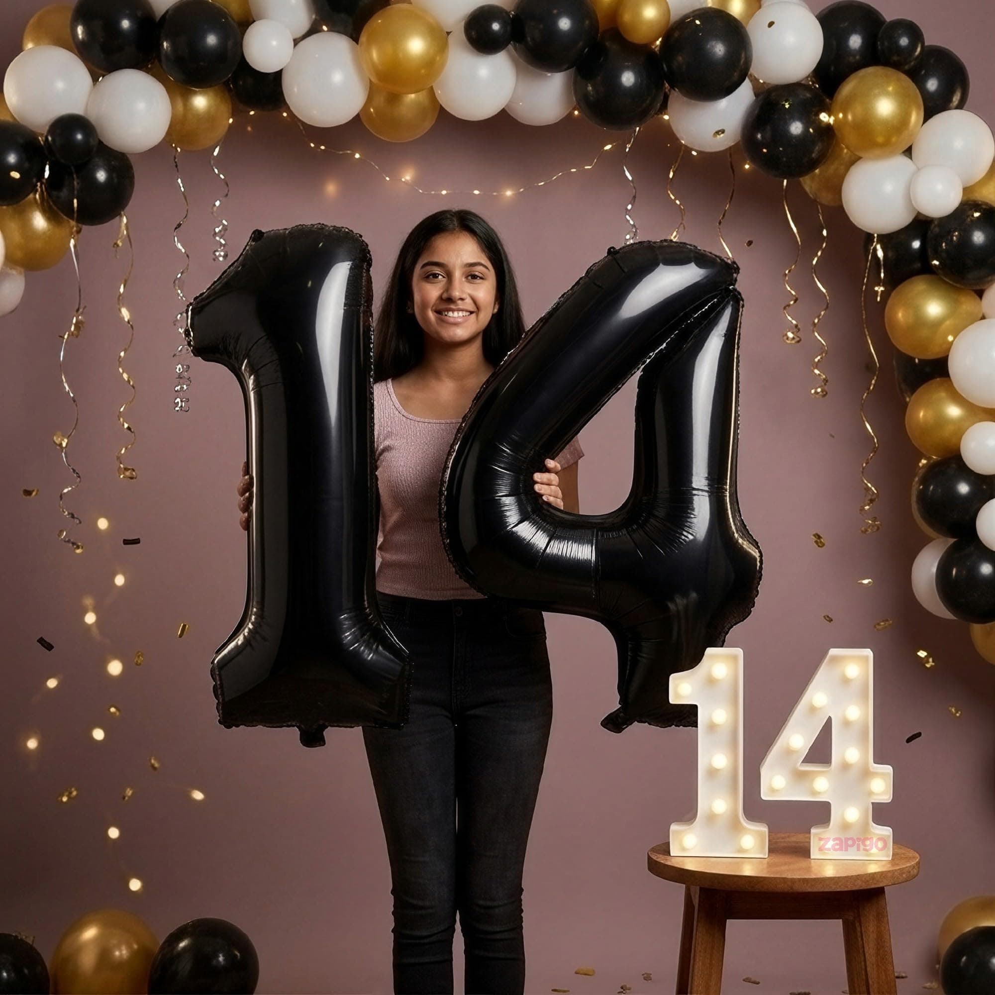 Balloonistics Black 40-Inch Foil Number 14 Balloon with Matching LED Marquee Light - Combo Set for 14th Birthday, Anniversary, Party Decoration, Photo Booth Backdrop thumbnail 1